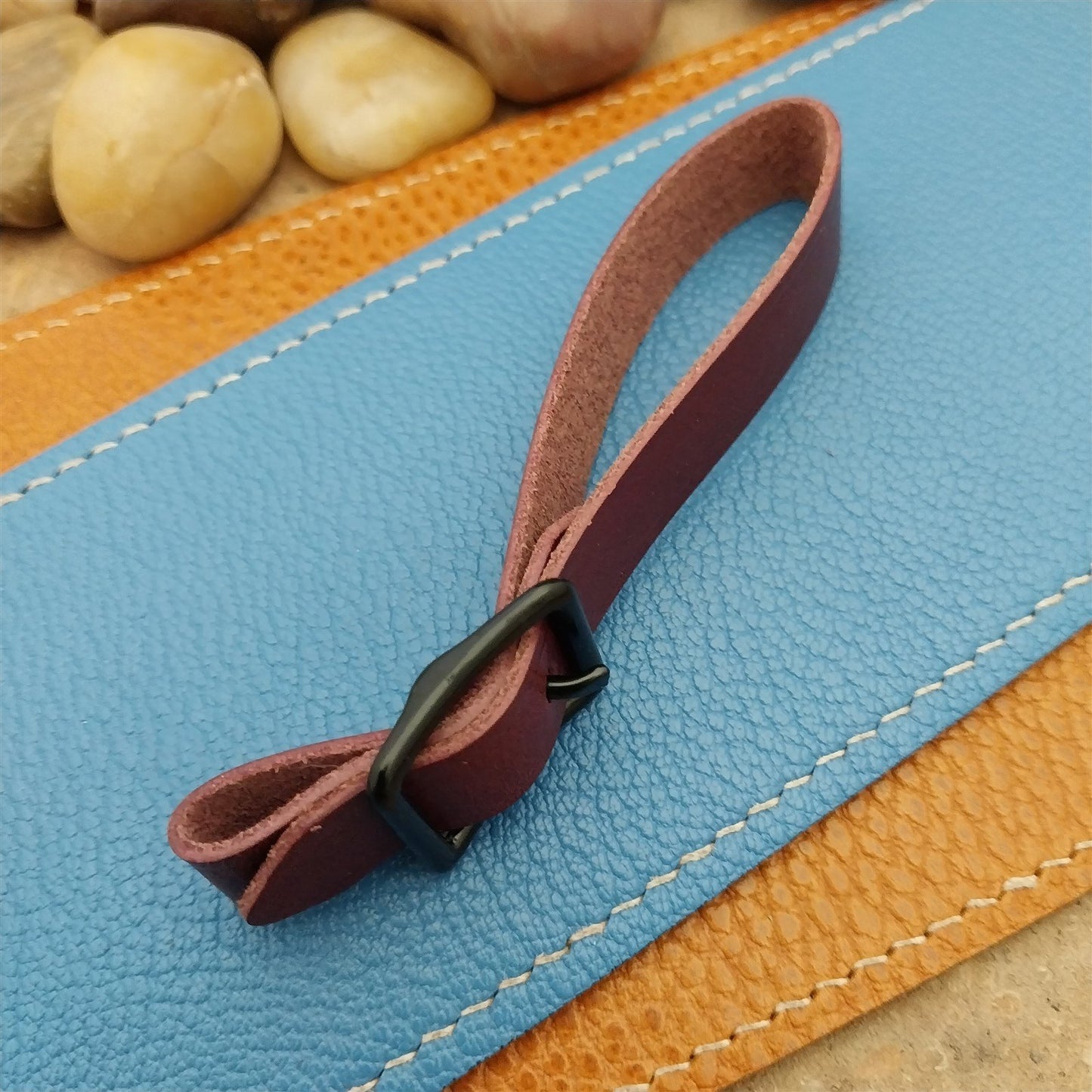 Plum Buttero Leather Vintage Pocket Watch Fob Strap & Solid Black Buckle