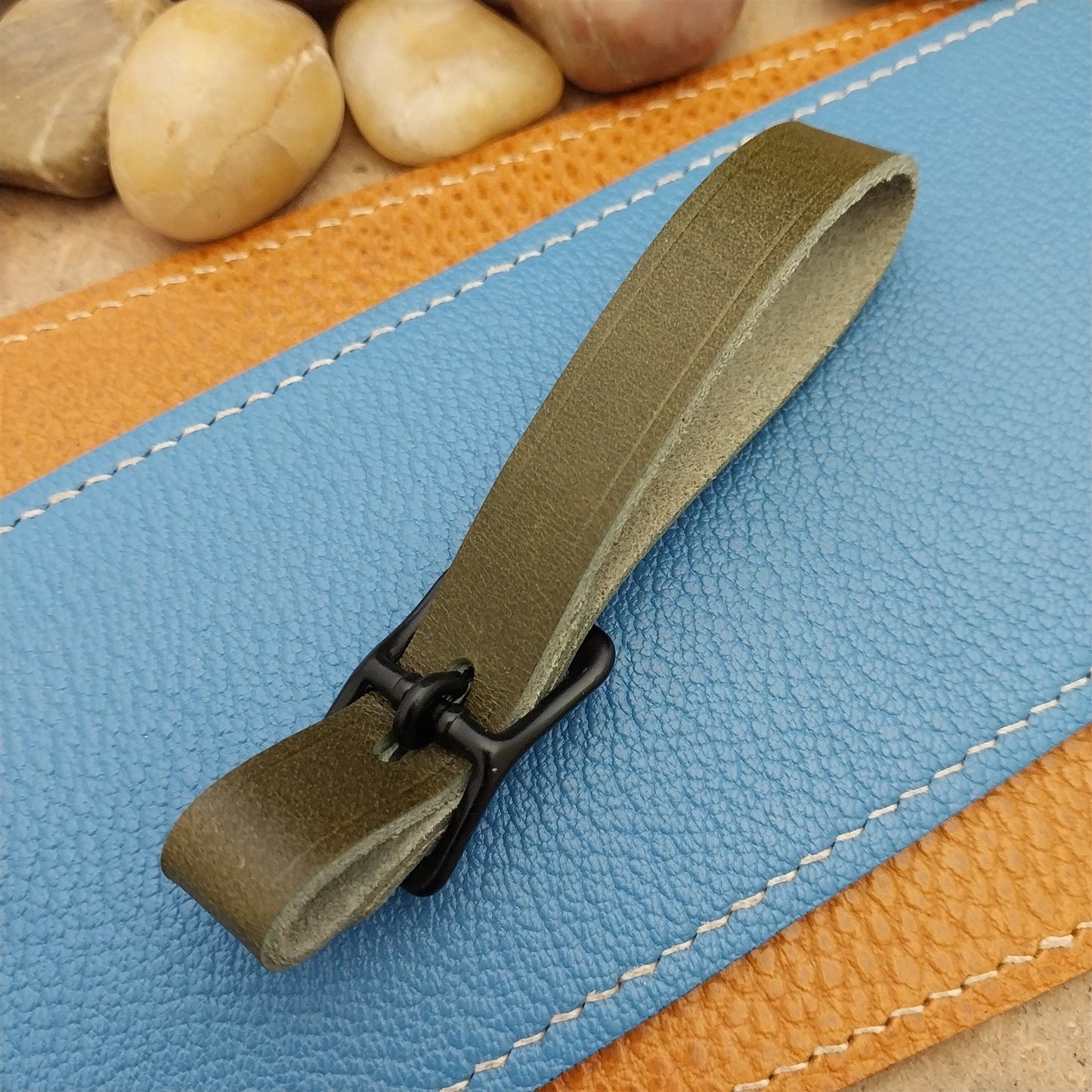 Olive Green Italian Leather Pocket Watch Fob Strap & Black Solid Buckle