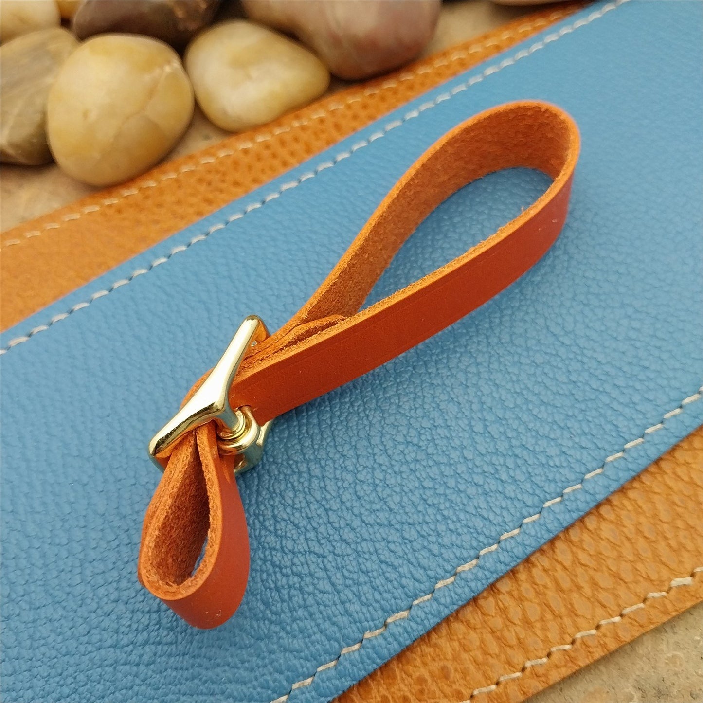 Orange Italian Leather Pocket Watch Fob Strap&Polished Brass Finish Solid Buckle