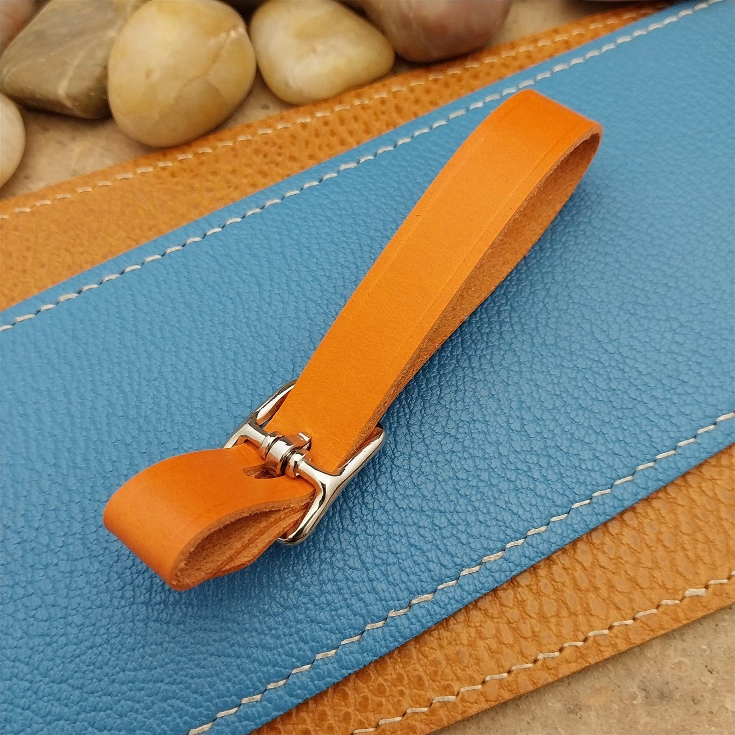 Orange Italian Leather Pocket Watch Fob Strap & Nickel Finish Solid Buckle