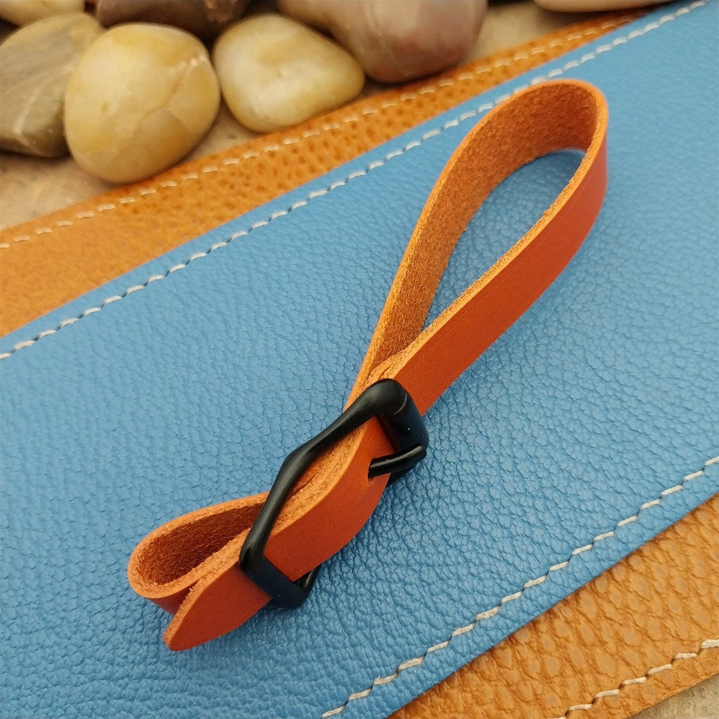 Orange Italian Leather Pocket Watch Fob Strap & Black Solid Buckle