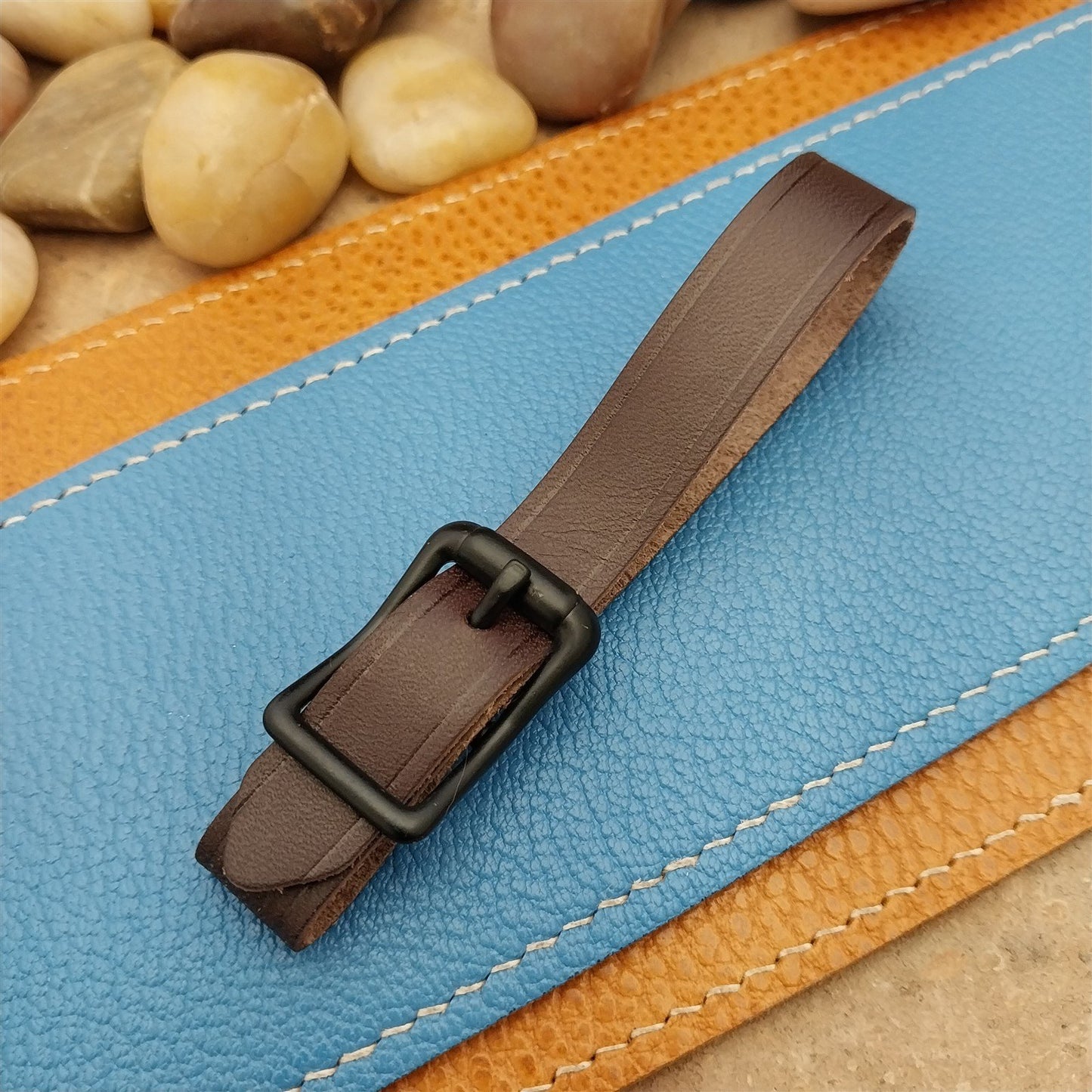 English Bridle Leather Vintage Pocket Watch Fob Strap & Cast Black Buckle