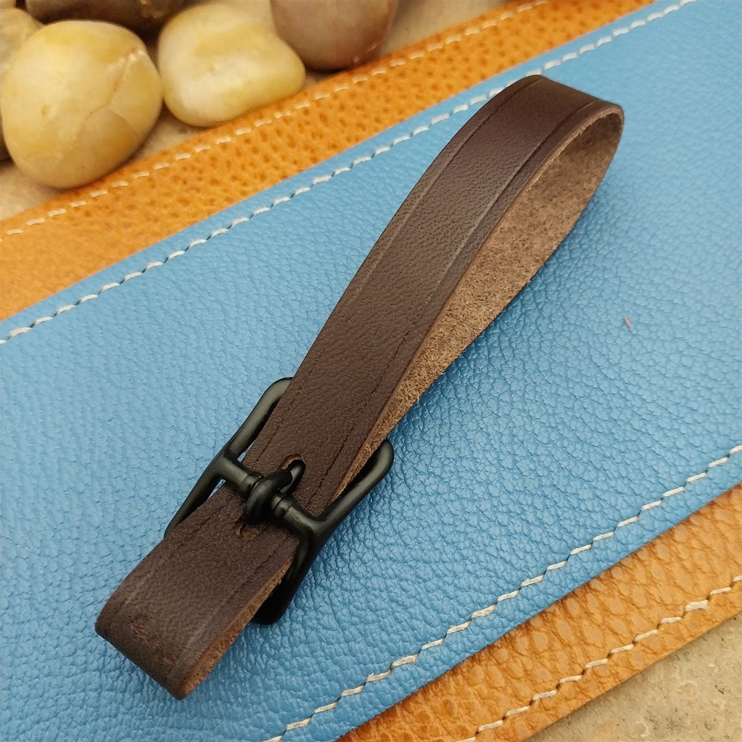 English Bridle Leather Vintage Pocket Watch Fob Strap & Cast Black Buckle