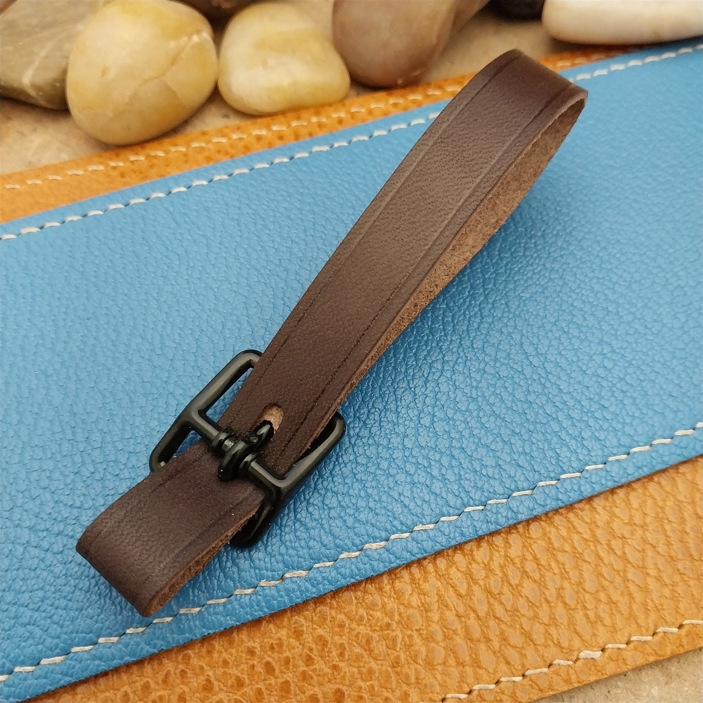 English Bridle Leather Vintage Pocket Watch Fob Strap & Cast Black Buckle