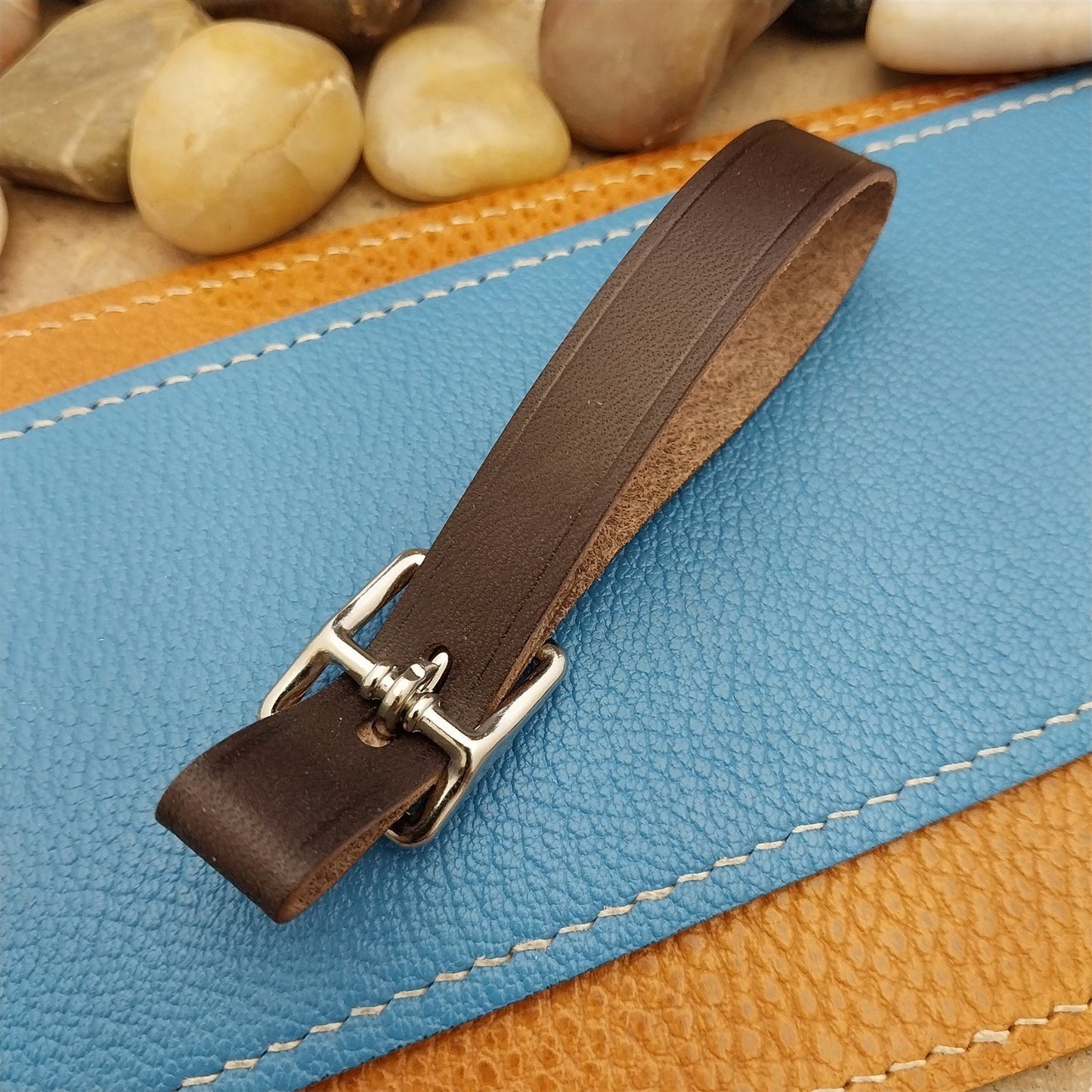 English Bridle Leather Vintage Pocket Watch Fob Strap & Nickel Finish Cast Buckle
