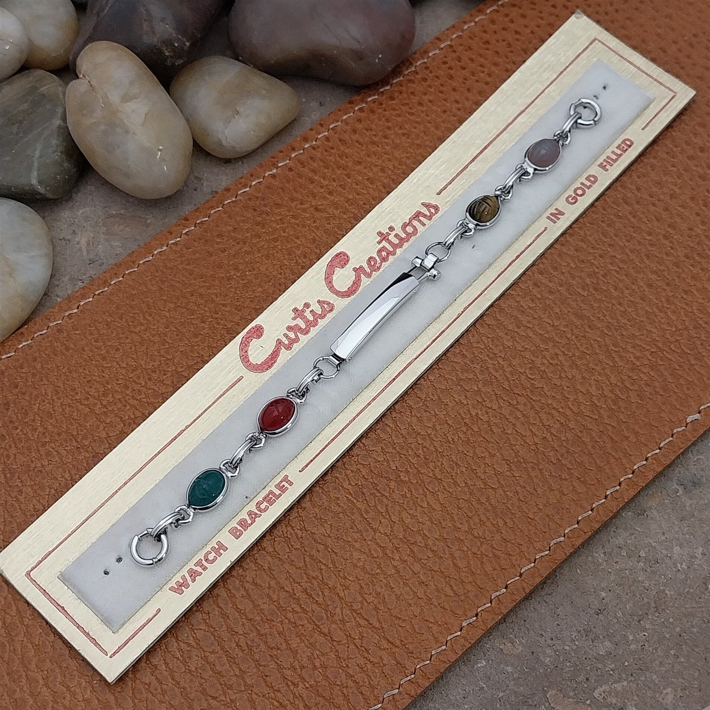 Carved Scarab & Gold-Filled Womens 1960s Unused Vintage Cocktail Watch Bracelet