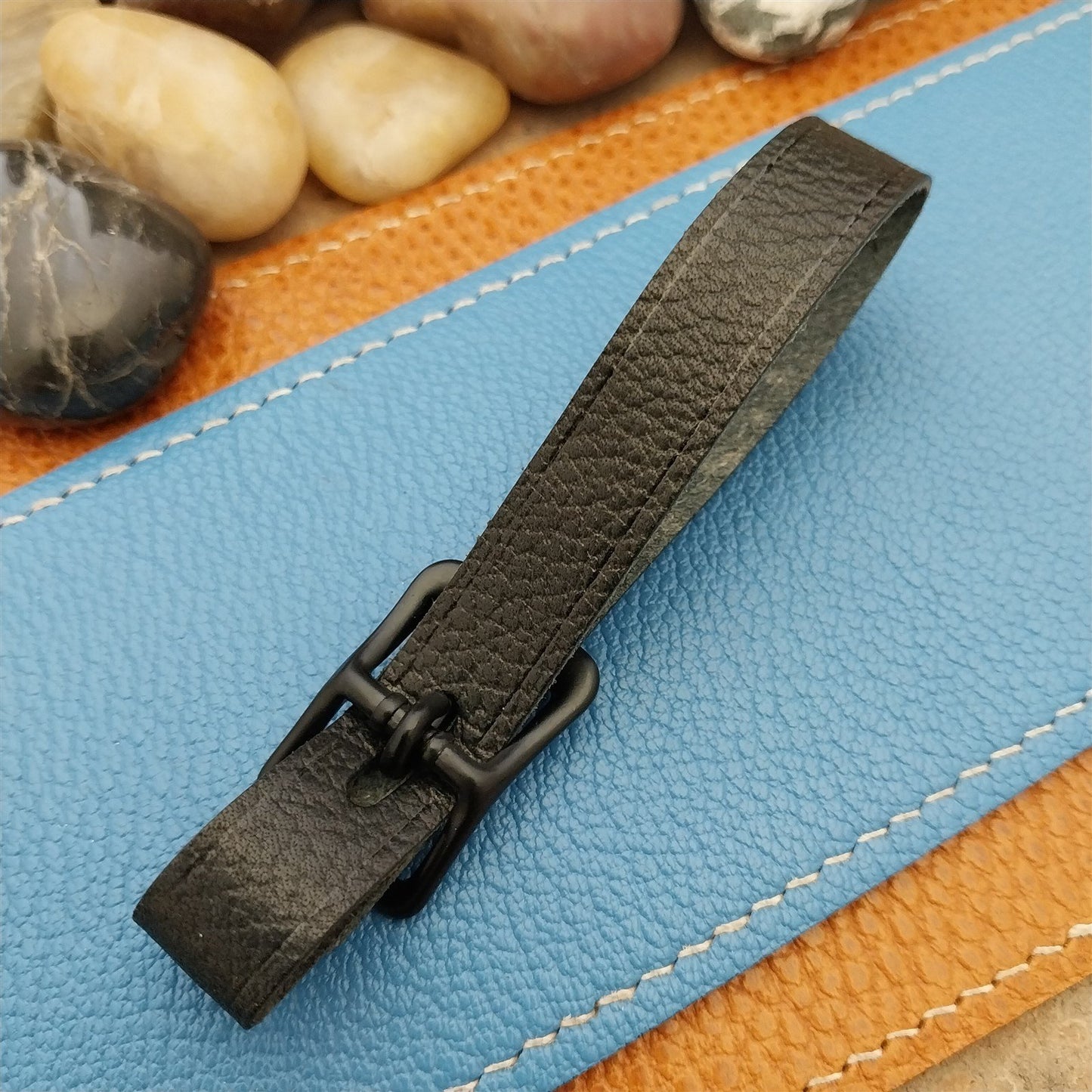 Black Grain Saddle Leather Pocket Watch Fob Strap & Black Solid Buckle