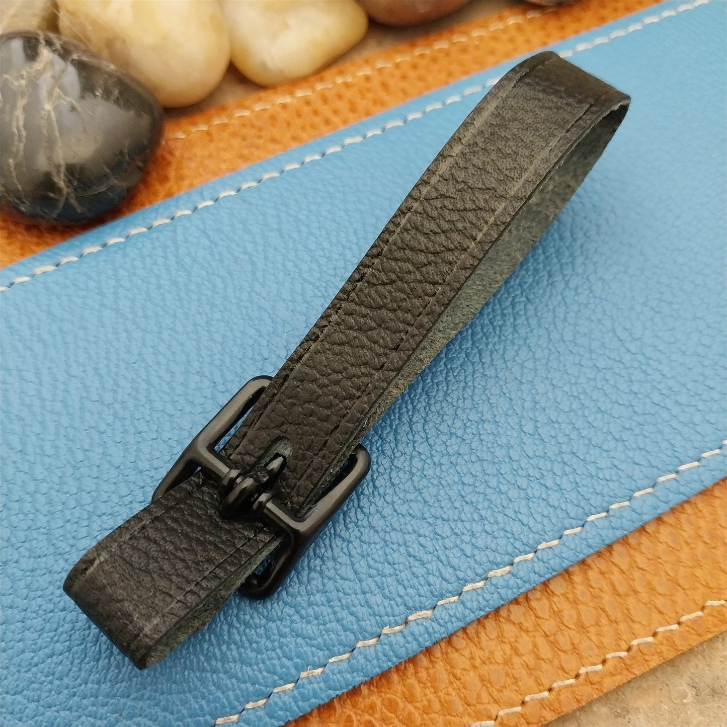 Black Grain Saddle Leather Pocket Watch Fob Strap & Black Solid Buckle