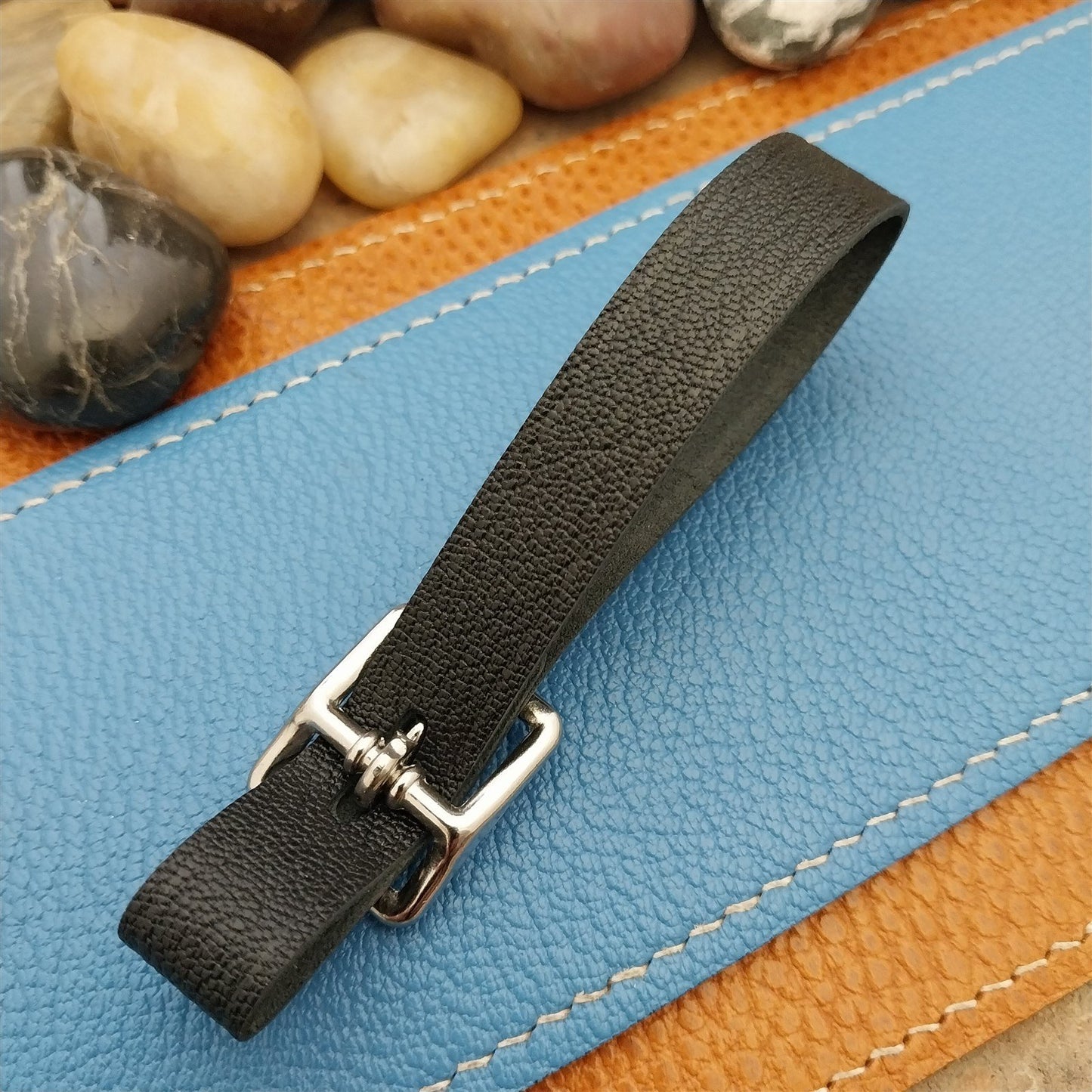 Black French Goatskin Vintage Pocket Watch Fob Strap& Nickel Finish Solid Buckle