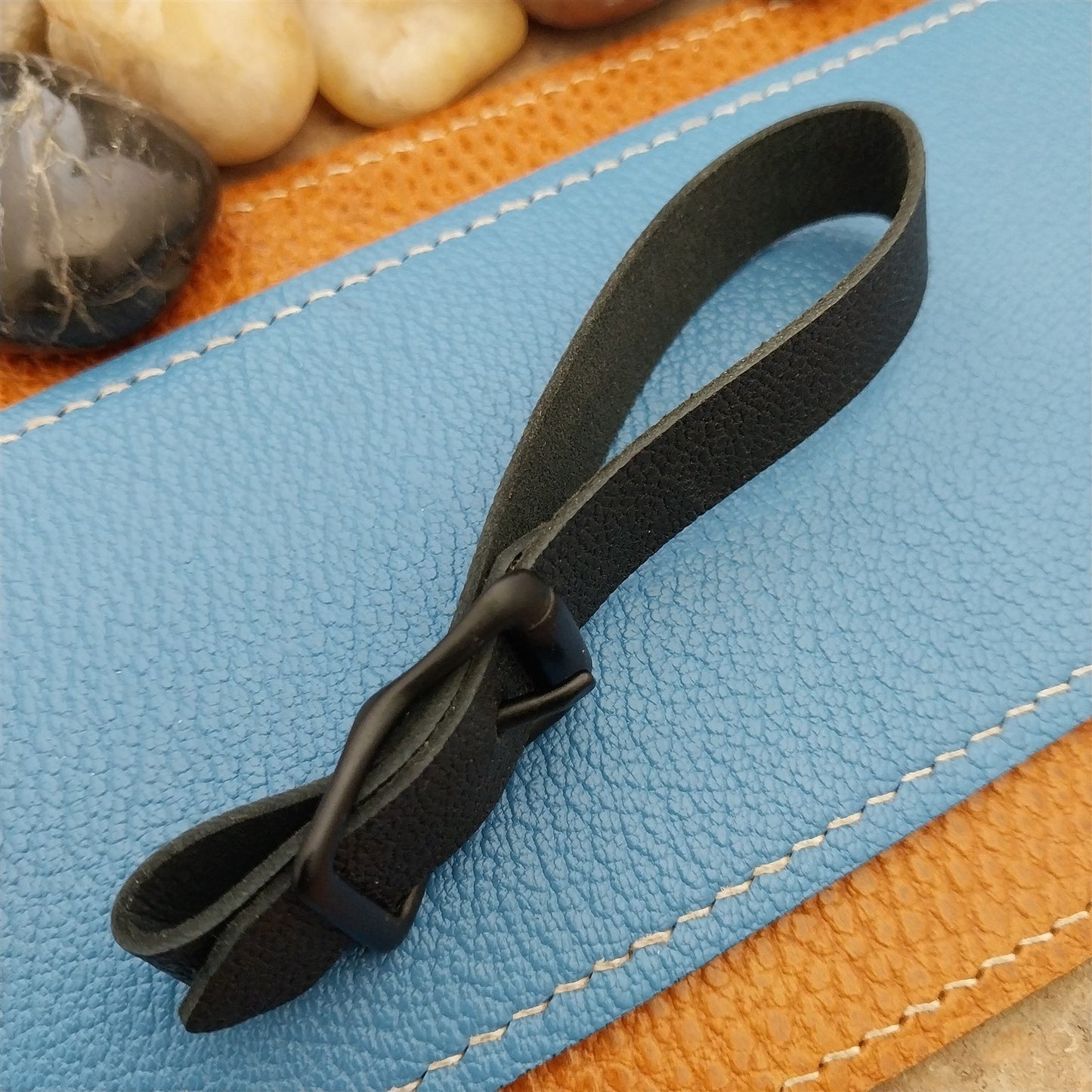 Black French Goatskin Vintage Pocket Watch Fob Strap & Black Solid Buckle