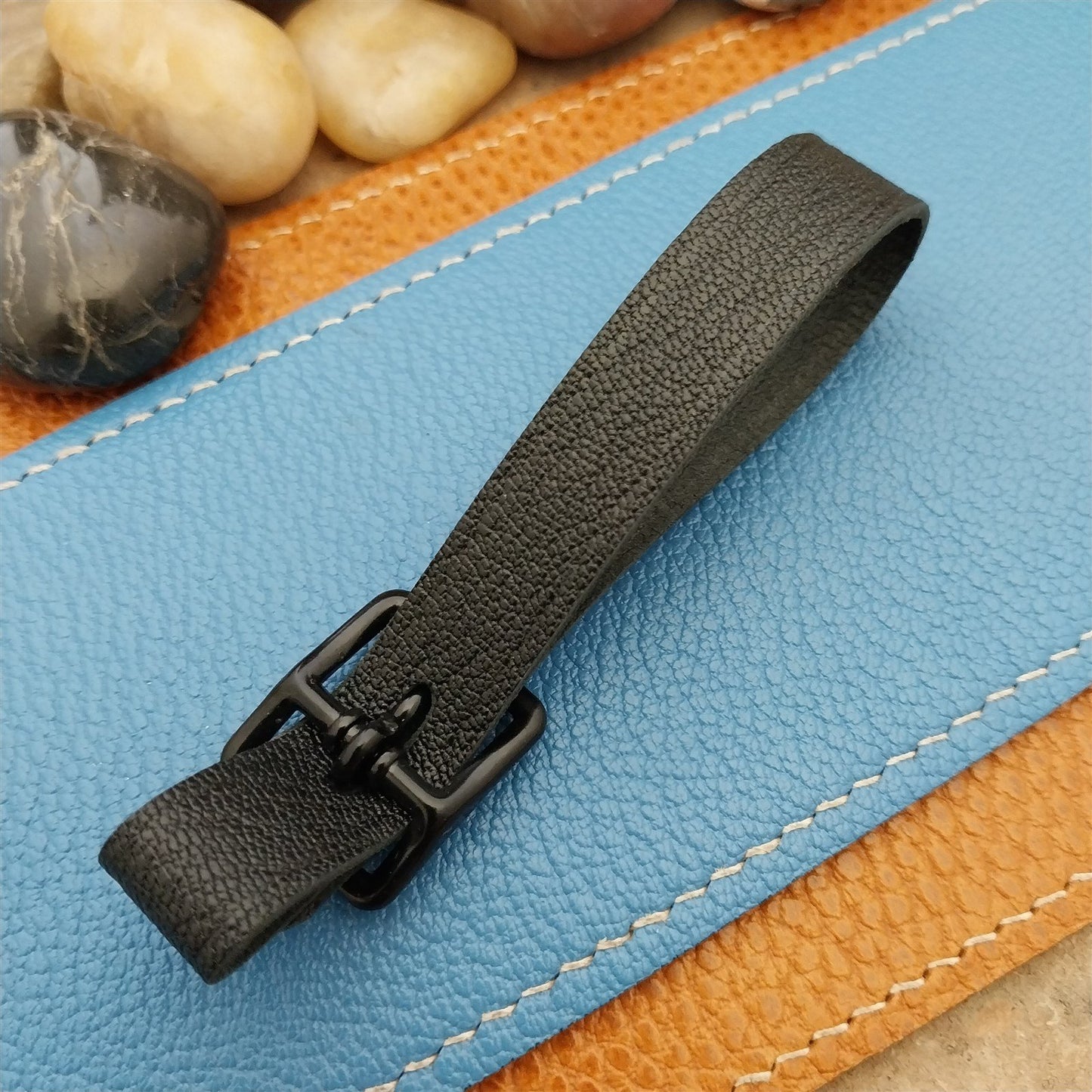 Black French Goatskin Vintage Pocket Watch Fob Strap & Black Solid Buckle