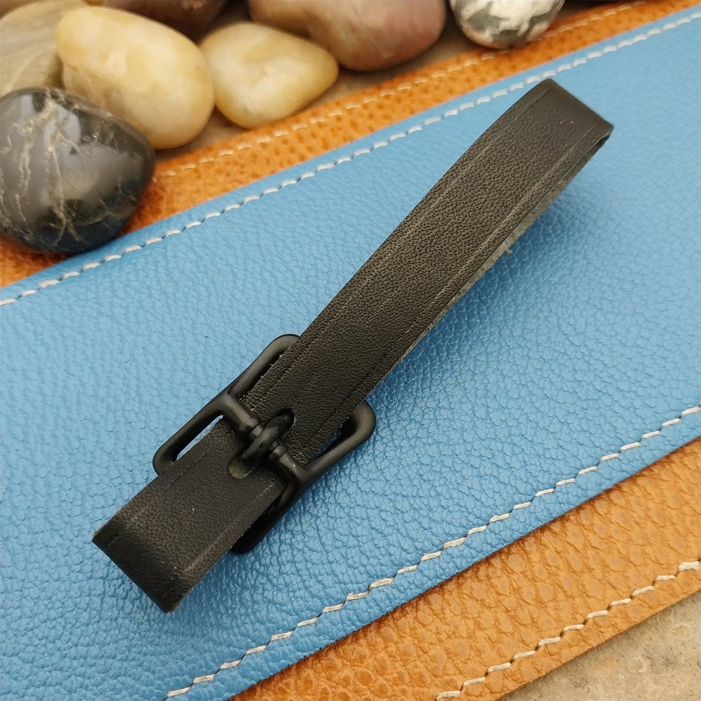 Black Saddle Leather Vintage Pocket Watch Fob Strap & Black Solid Buckle