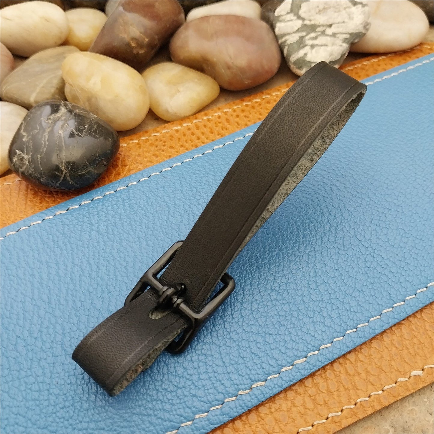 Black Saddle Leather Vintage Pocket Watch Fob Strap & Black Solid Buckle