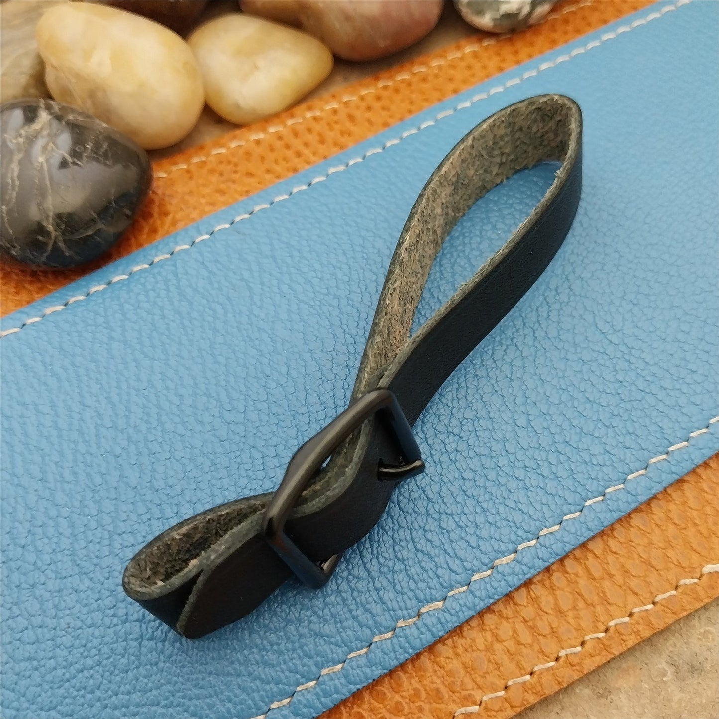 Black Saddle Leather Vintage Pocket Watch Fob Strap & Black Solid Buckle