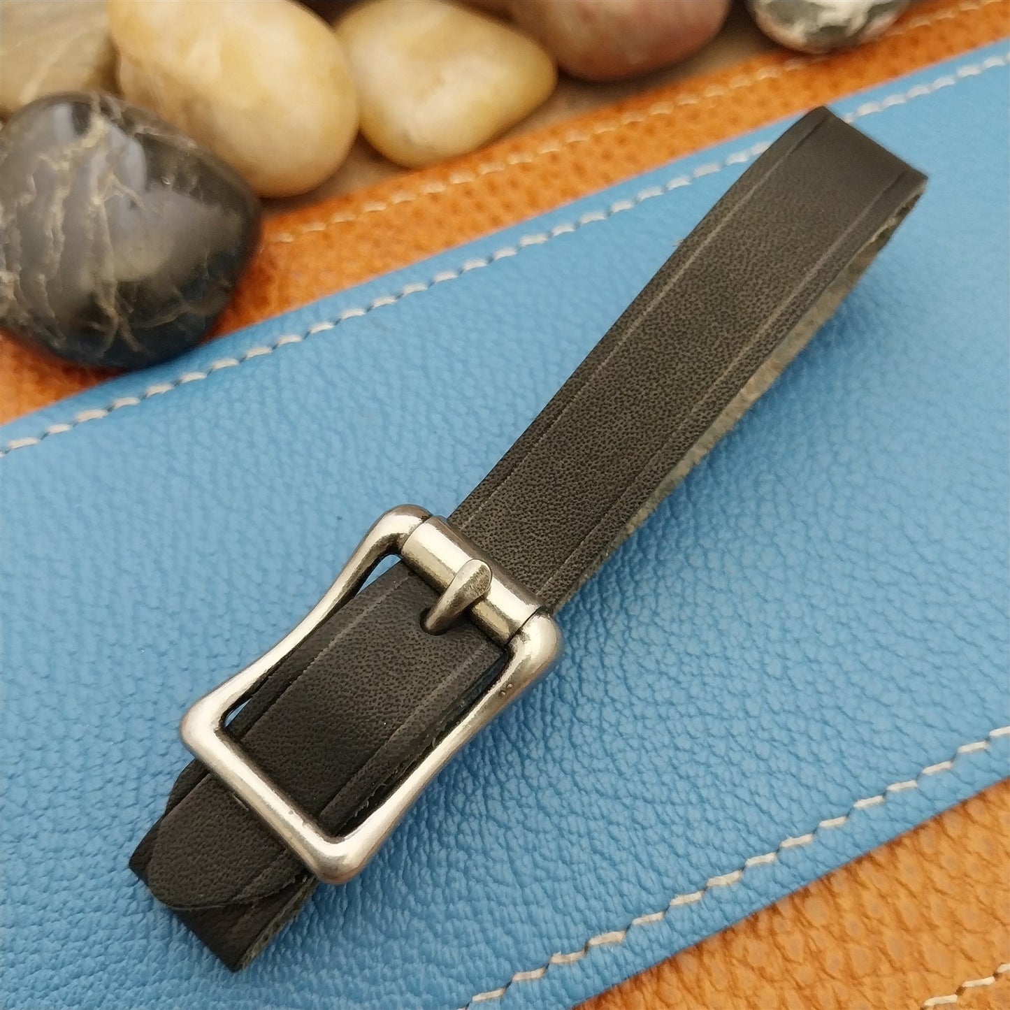 Black Saddle Leather Vintage Pocket Watch Fob Strap & Nickel Finish Solid Buckle