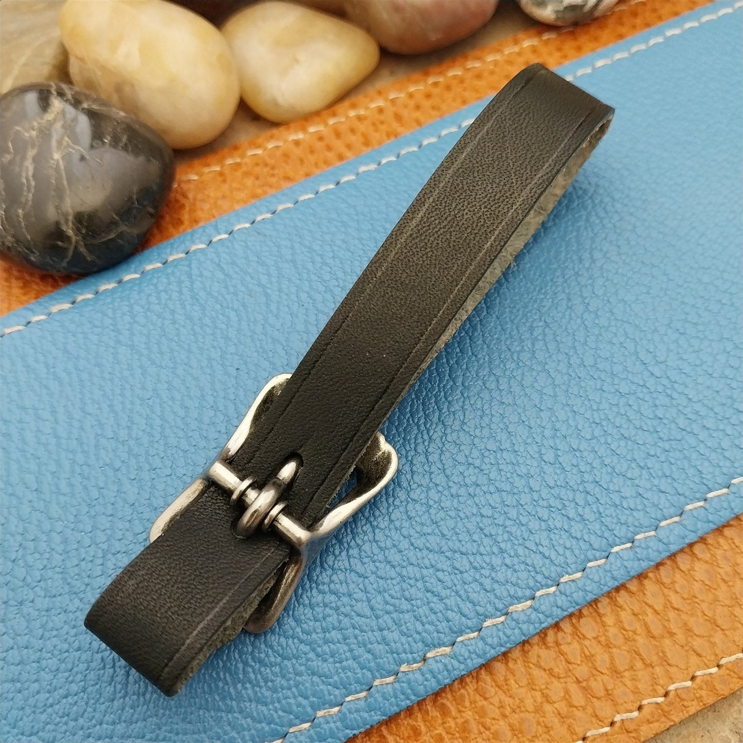 Black Saddle Leather Vintage Pocket Watch Fob Strap & Nickel Finish Solid Buckle