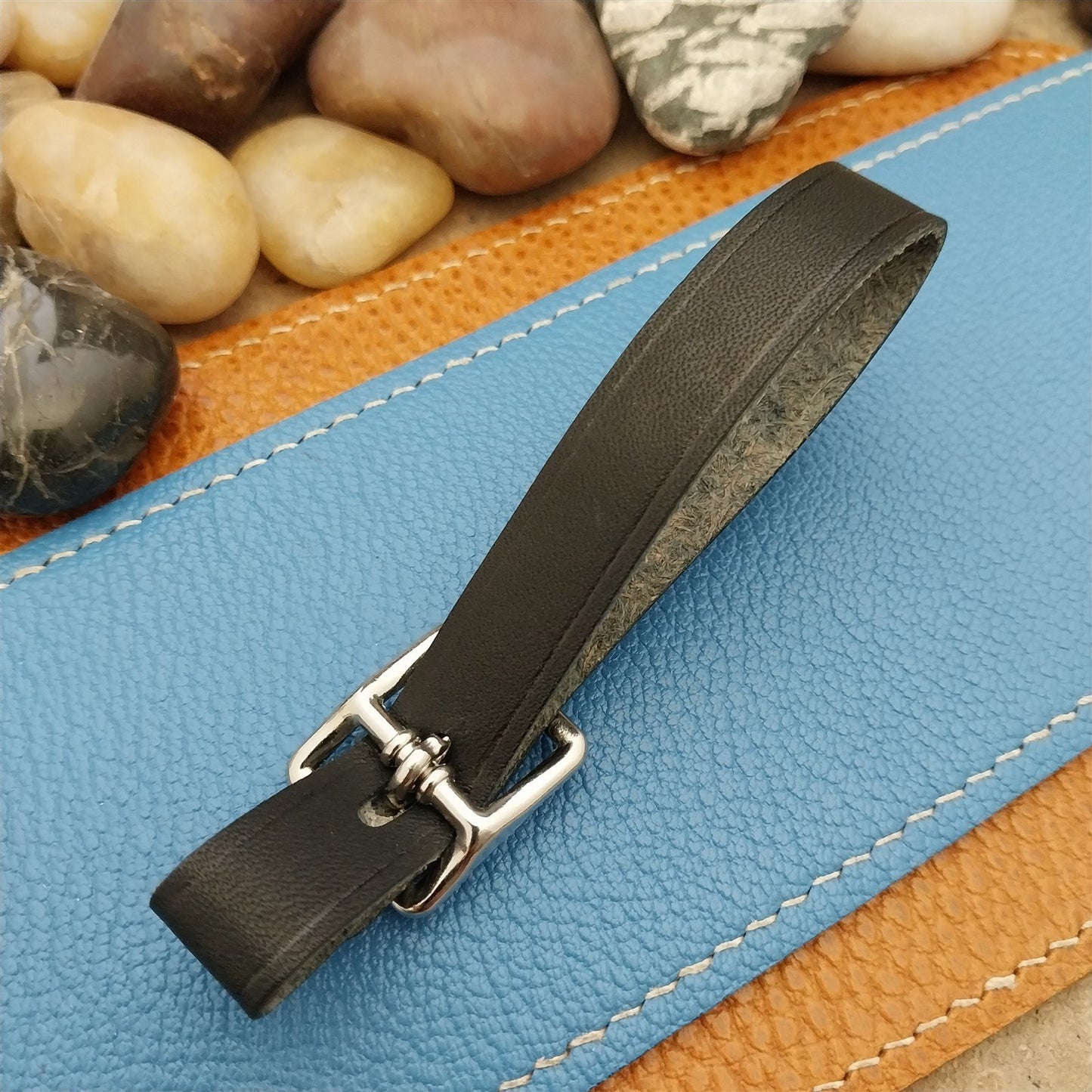 Black Saddle Leather Vintage Pocket Watch Fob Strap & Nickel Finish Solid Buckle