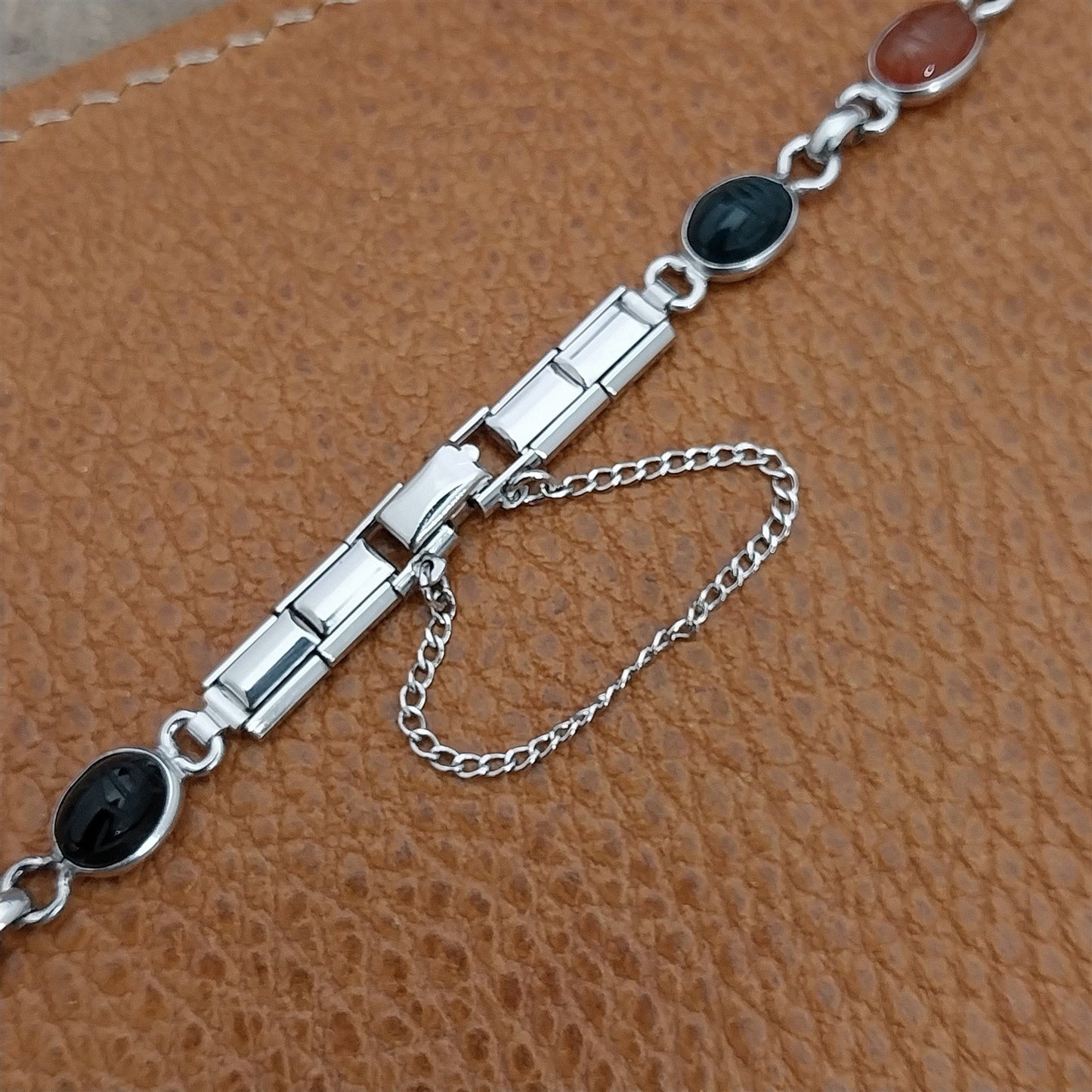 Vintage Hadley Long Ladies Carved Scarabs &Gold-Filled 1960s Cocktail Watch Band