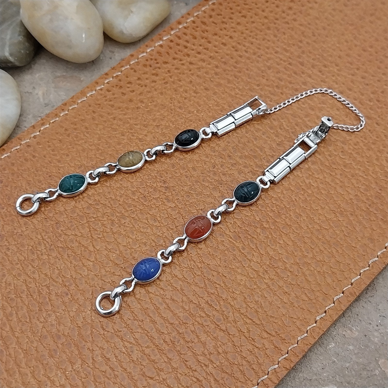 Vintage Hadley Long Ladies Carved Scarabs &Gold-Filled 1960s Cocktail Watch Band