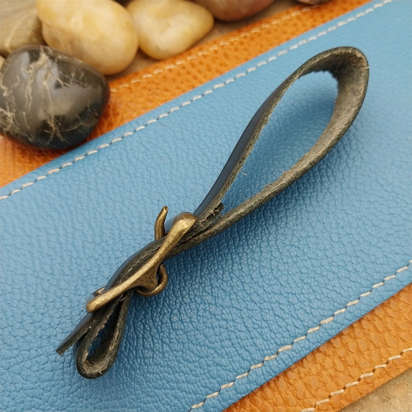 Black Leather Vintage Pocket Watch Fob Strap & Antique Brass Finish Solid Buckle