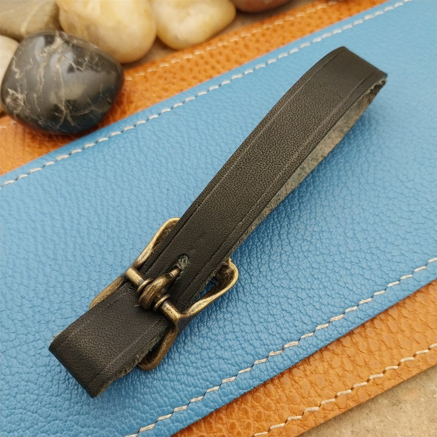 Black Leather Vintage Pocket Watch Fob Strap & Antique Brass Finish Solid Buckle