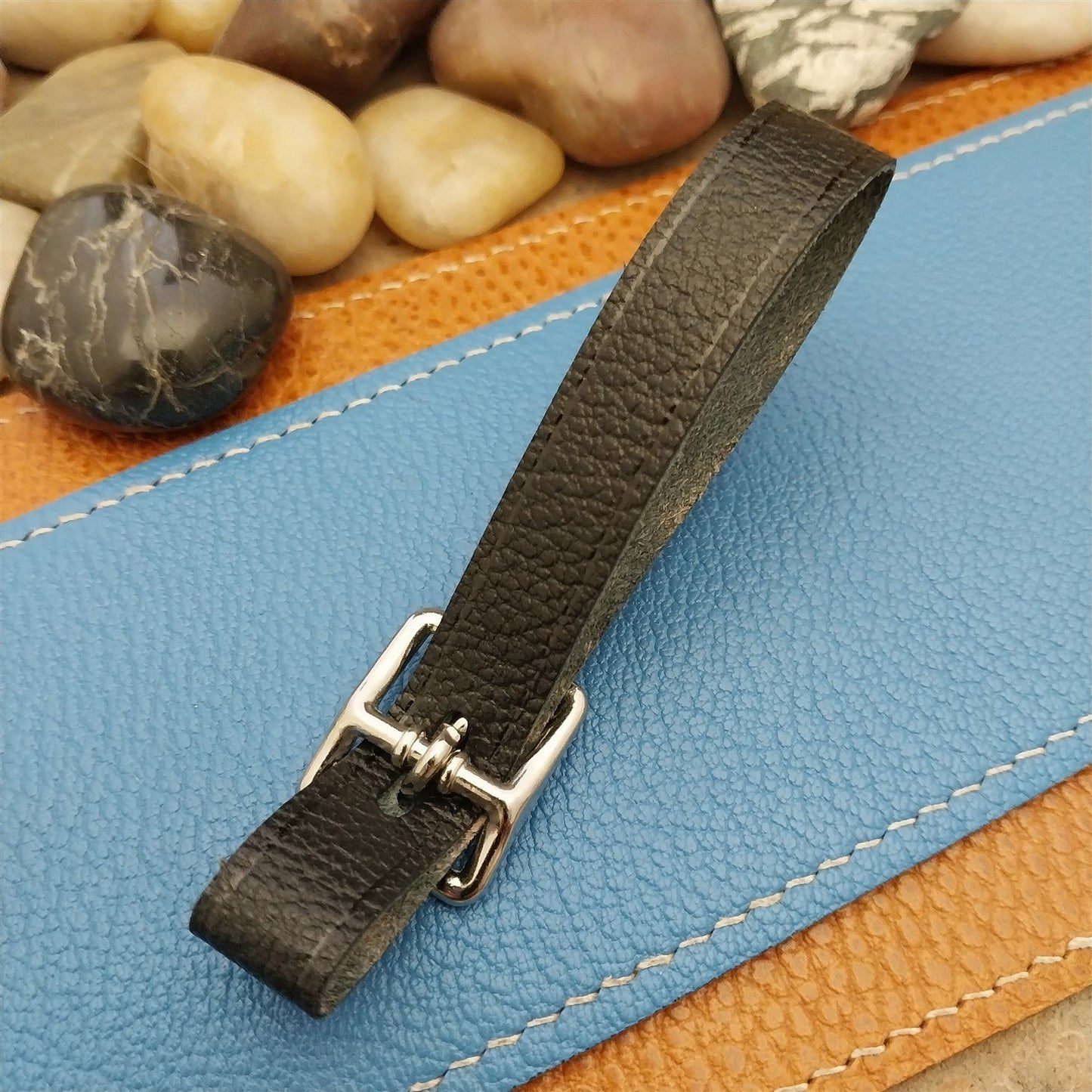 Black Grain Saddle Leather Pocket Watch Fob Strap & Nickel Finish Solid Buckle