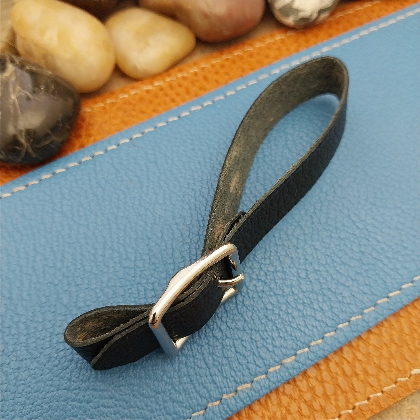 Black Grain Saddle Leather Pocket Watch Fob Strap & Nickel Finish Solid Buckle