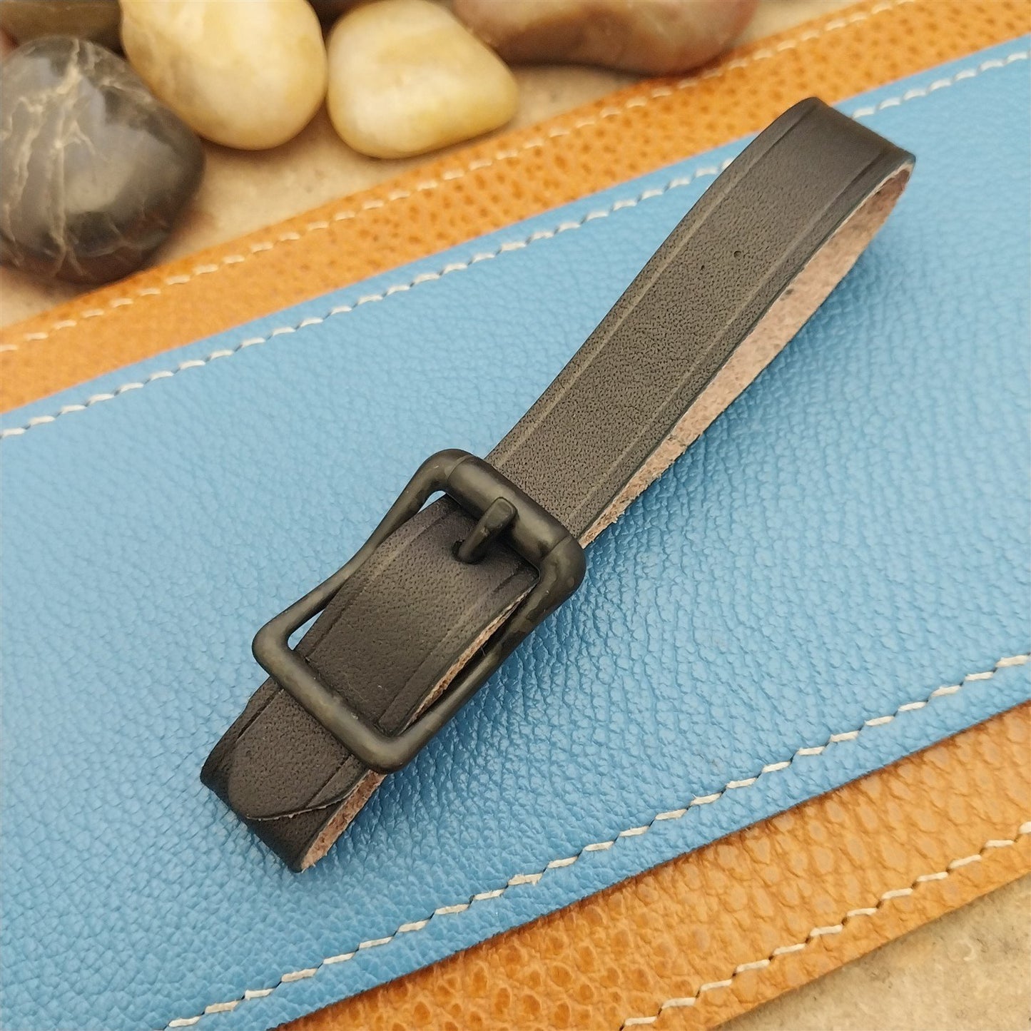 English Bridle Leather Vintage Pocket Watch Fob Strap & Cast Black Buckle