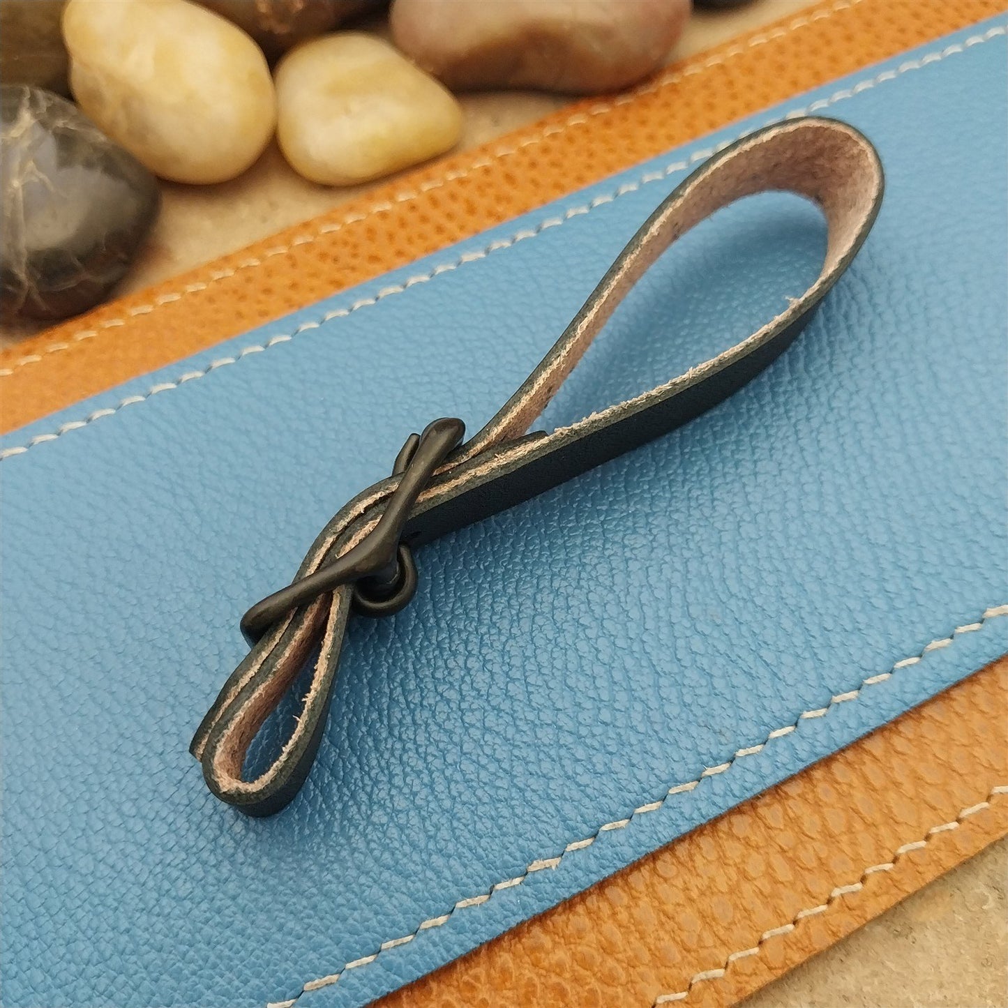 English Bridle Leather Vintage Pocket Watch Fob Strap & Cast Black Buckle