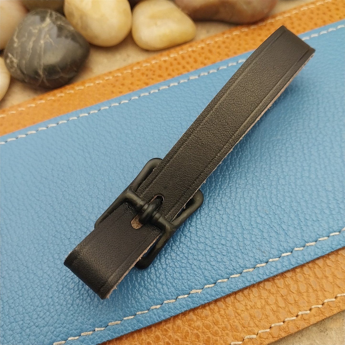 English Bridle Leather Vintage Pocket Watch Fob Strap & Cast Black Buckle