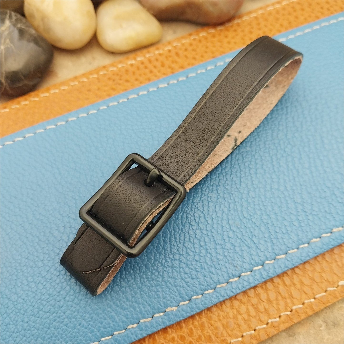 English Bridle Leather Vintage Pocket Watch Fob Strap & Cast Black Buckle