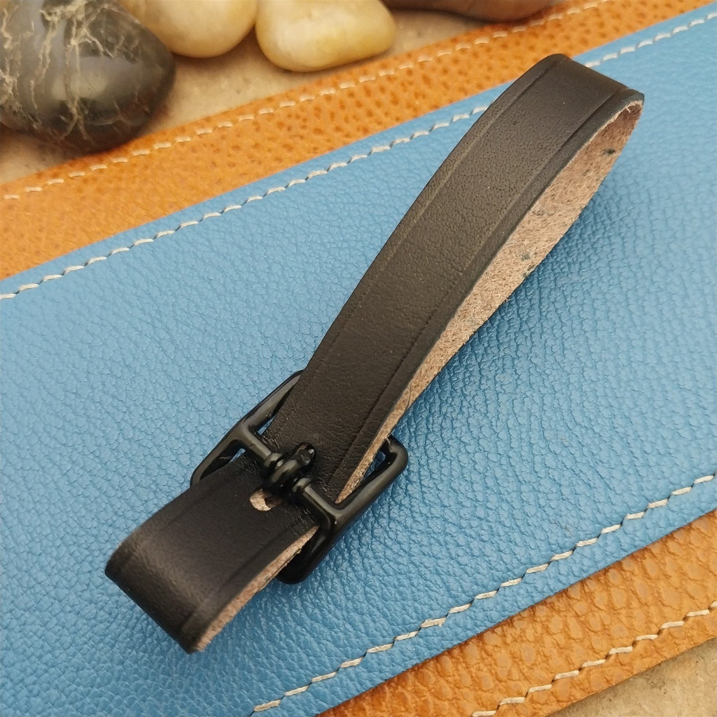 English Bridle Leather Vintage Pocket Watch Fob Strap & Cast Black Buckle