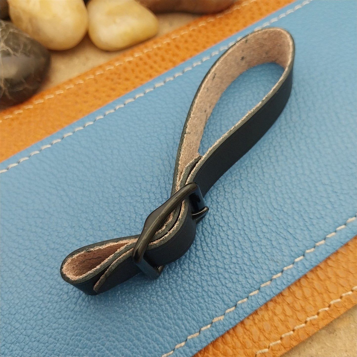 English Bridle Leather Vintage Pocket Watch Fob Strap & Cast Black Buckle