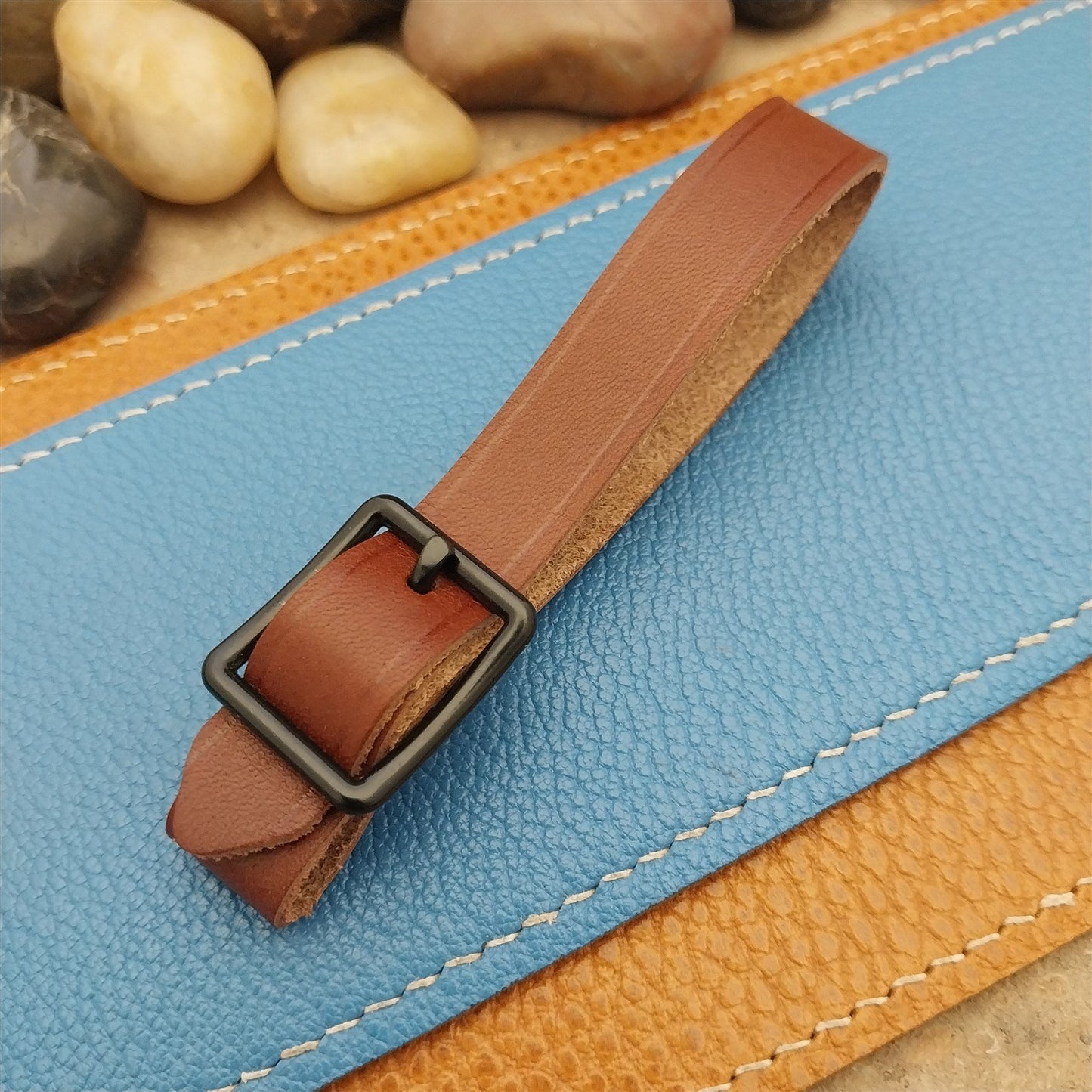 English Bridle Leather Vintage Pocket Watch Fob Strap & Cast Black Buckle