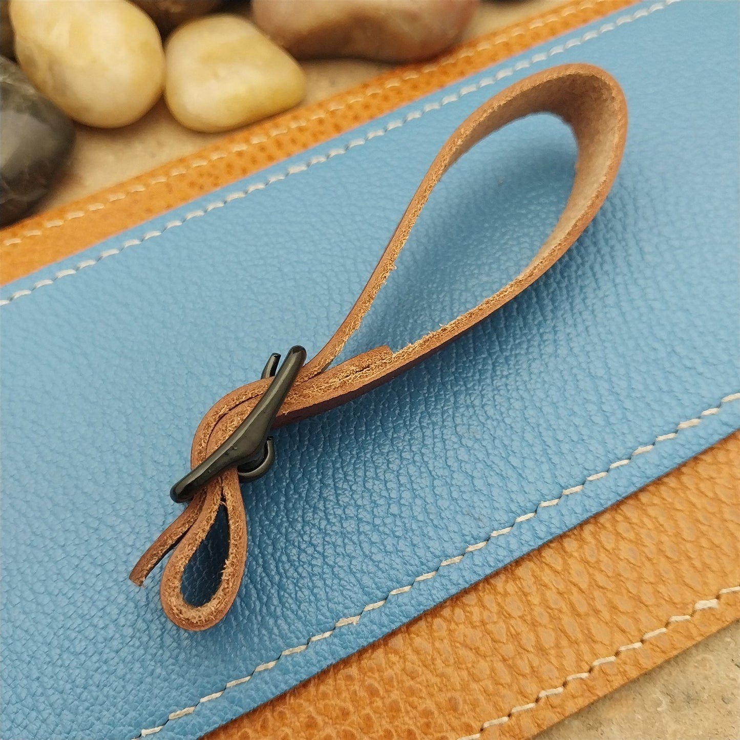 English Bridle Leather Vintage Pocket Watch Fob Strap & Cast Black Buckle