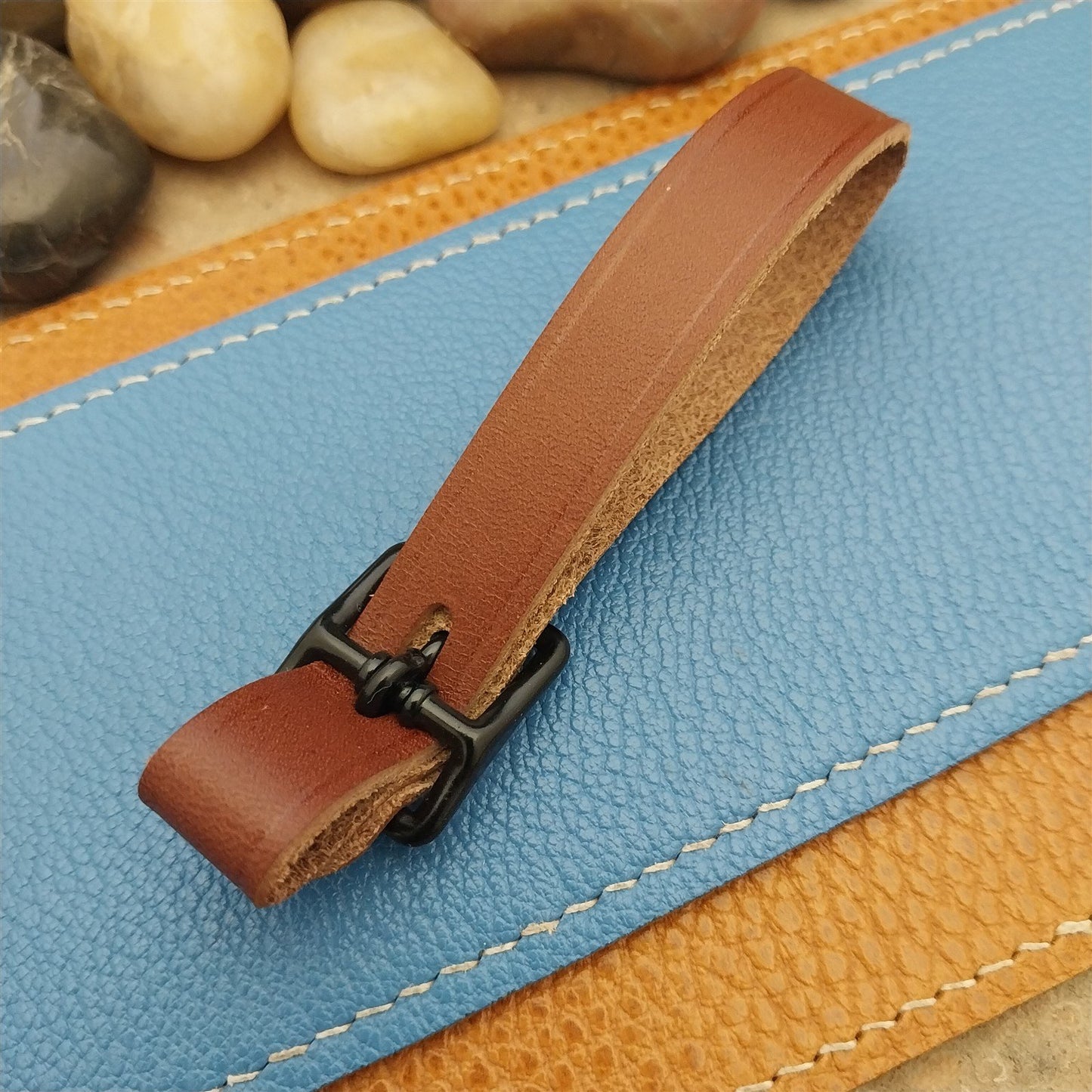 English Bridle Leather Vintage Pocket Watch Fob Strap & Cast Black Buckle