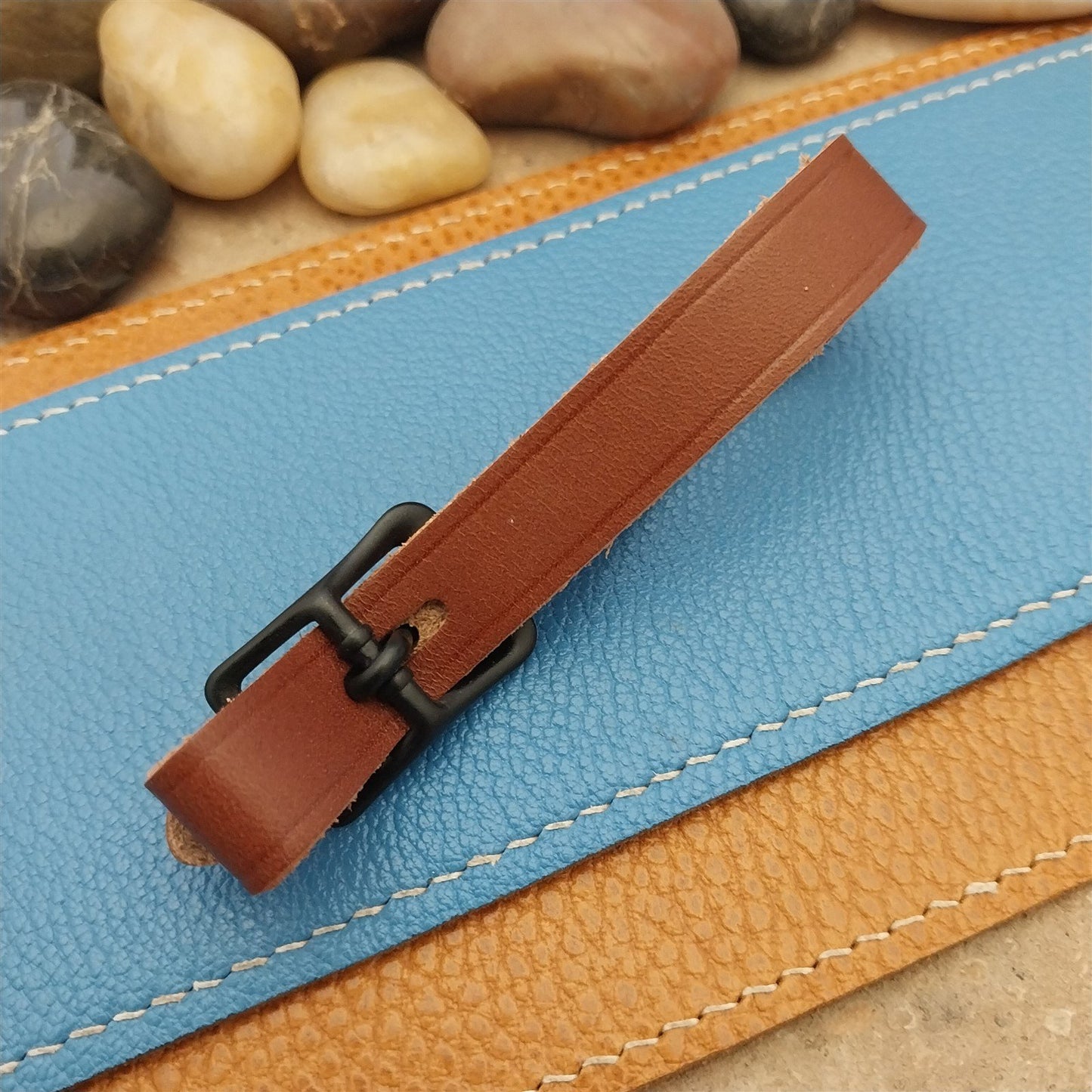 English Bridle Leather Vintage Pocket Watch Fob Strap & Cast Black Buckle