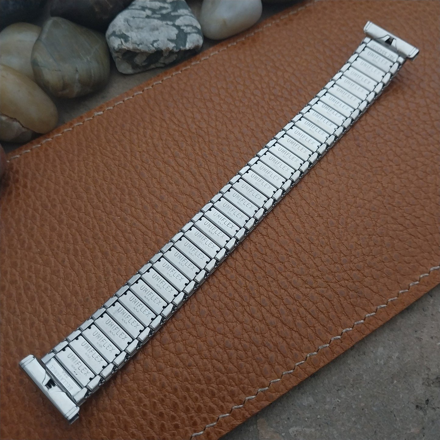 Uniflex Slim Stainless Steel Expansion & Black Enamel 1960s Vintage Watch Band