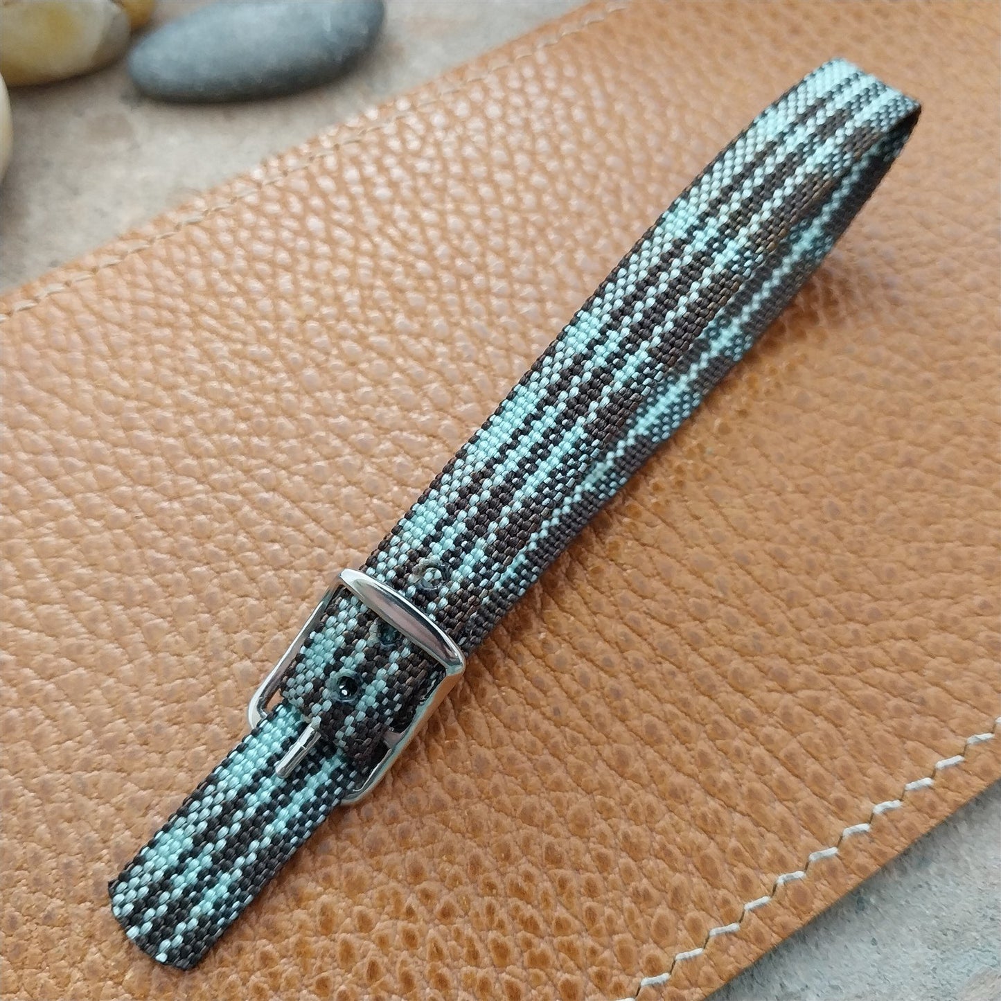 Vintage 10mm Ladies Madras Plaid Blue & Brown 1960s Single Pass Watch Band