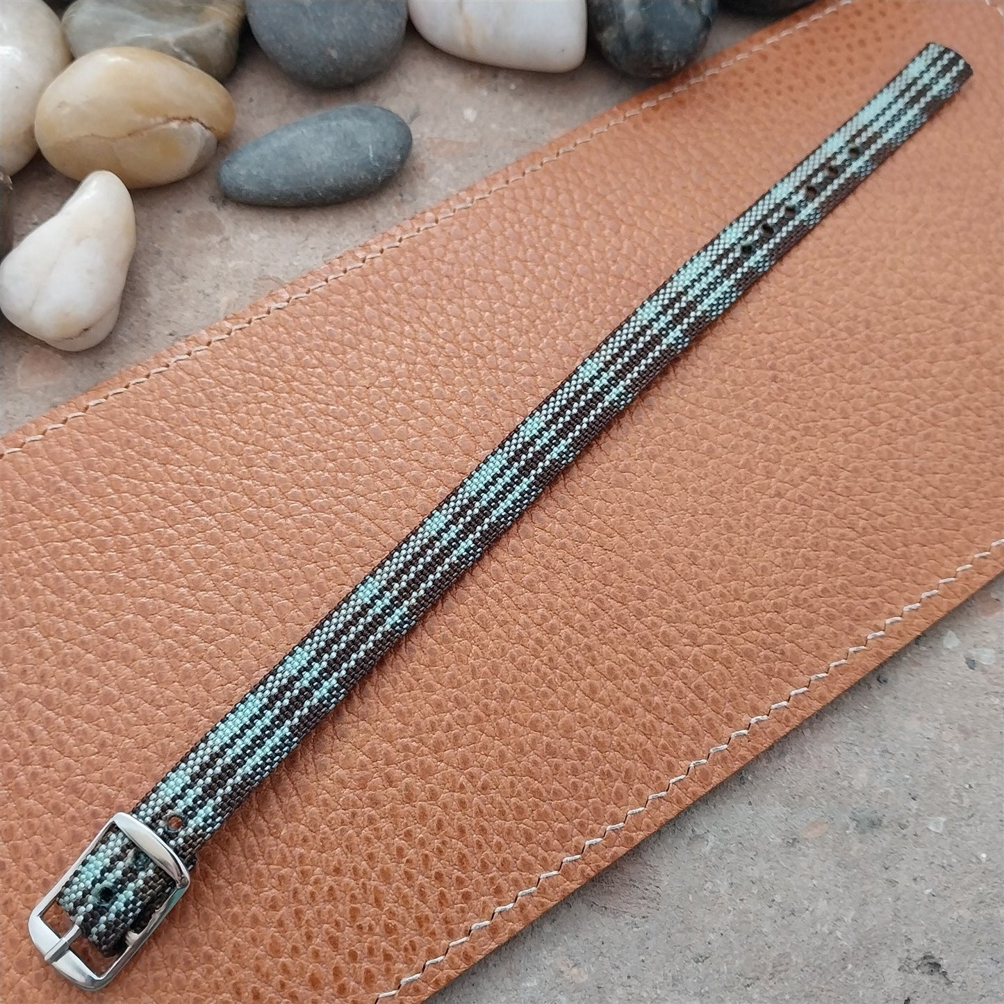 Vintage 10mm Ladies Madras Plaid Blue & Brown 1960s Single Pass Watch Band
