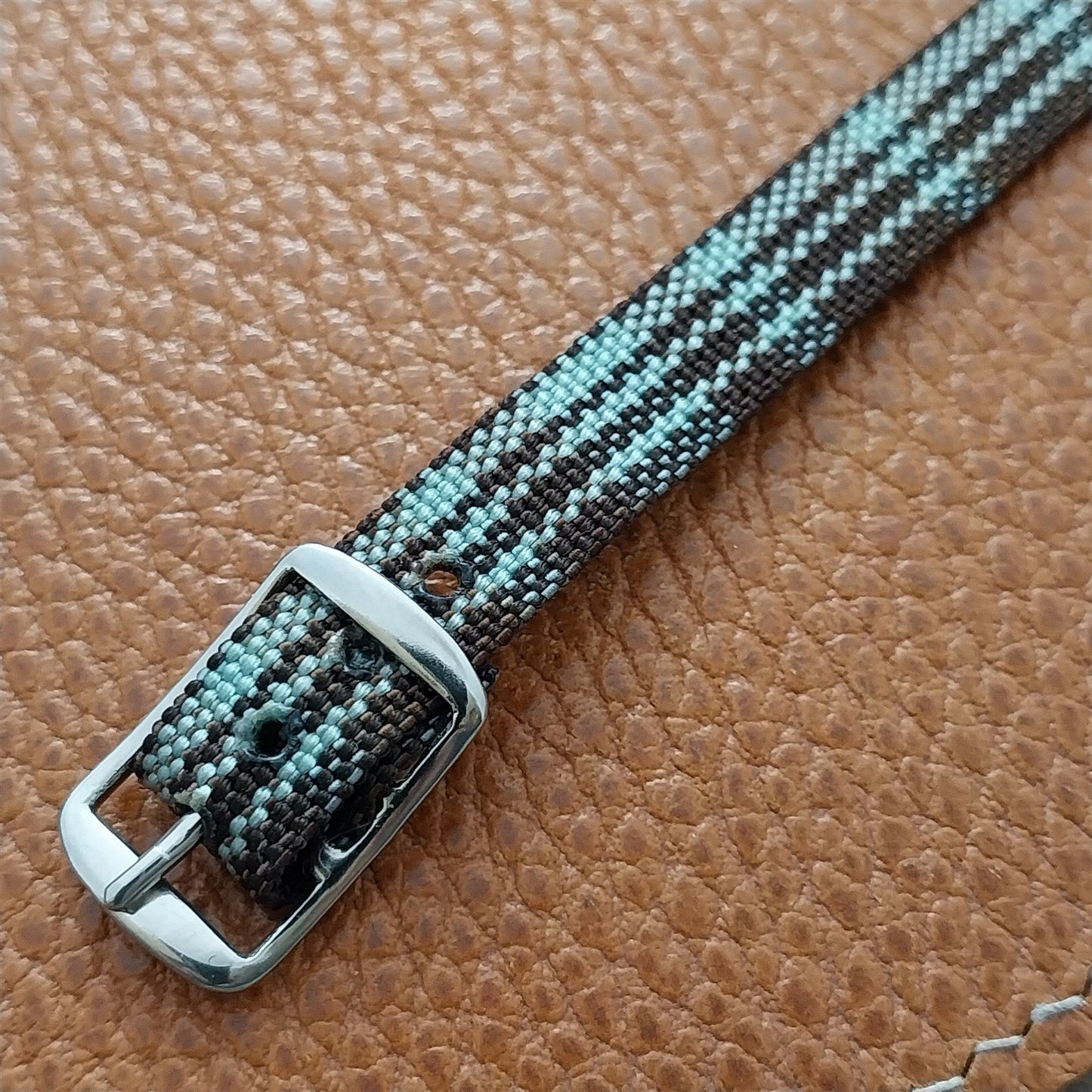 Vintage 10mm Ladies Madras Plaid Blue & Brown 1960s Single Pass Watch Band