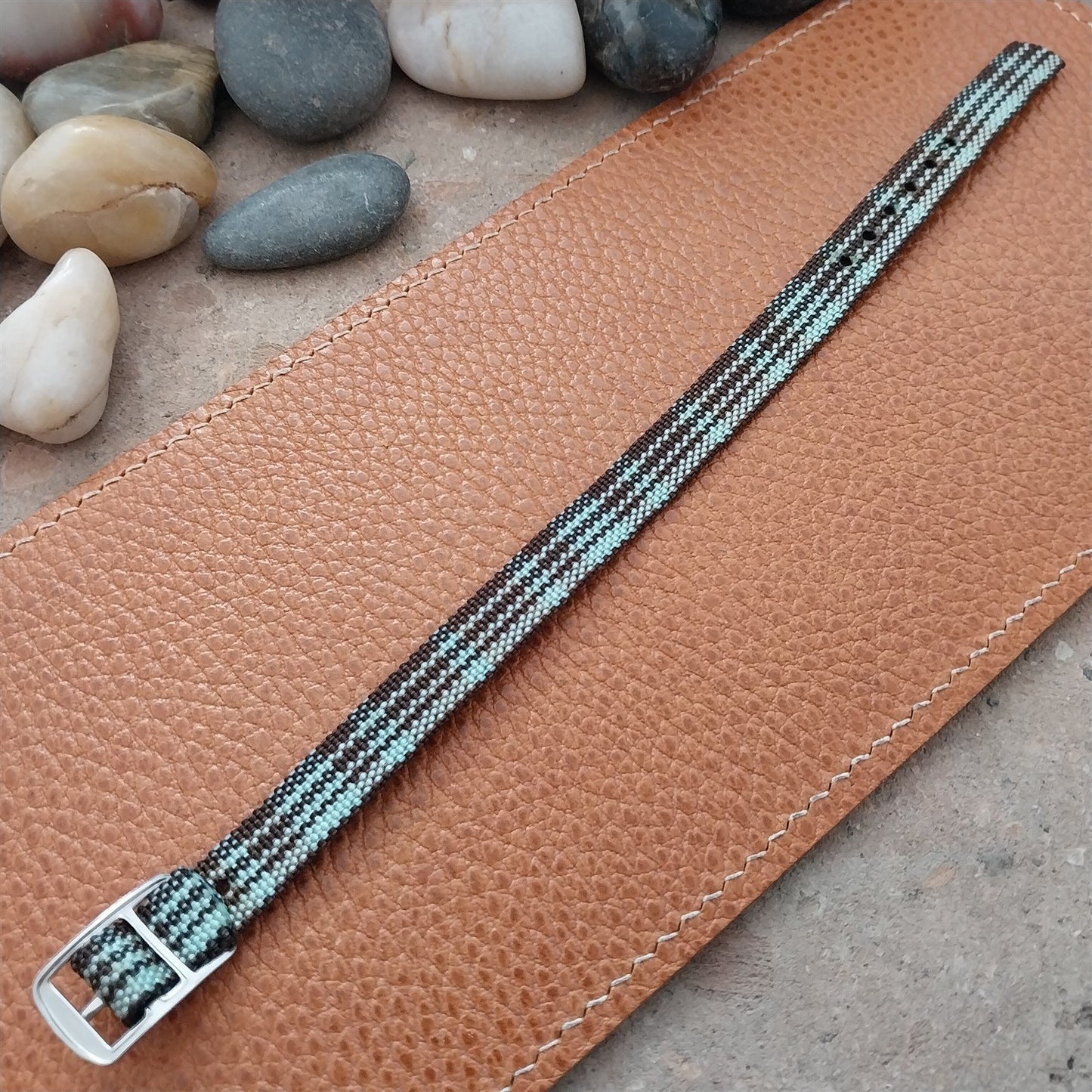 Vintage 10mm Ladies Madras Plaid Blue & Brown 1960s Single Pass Watch Band