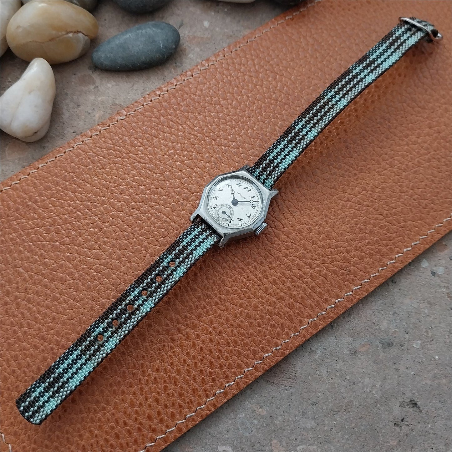 Vintage 10mm Ladies Madras Plaid Blue & Brown 1960s Single Pass Watch Band