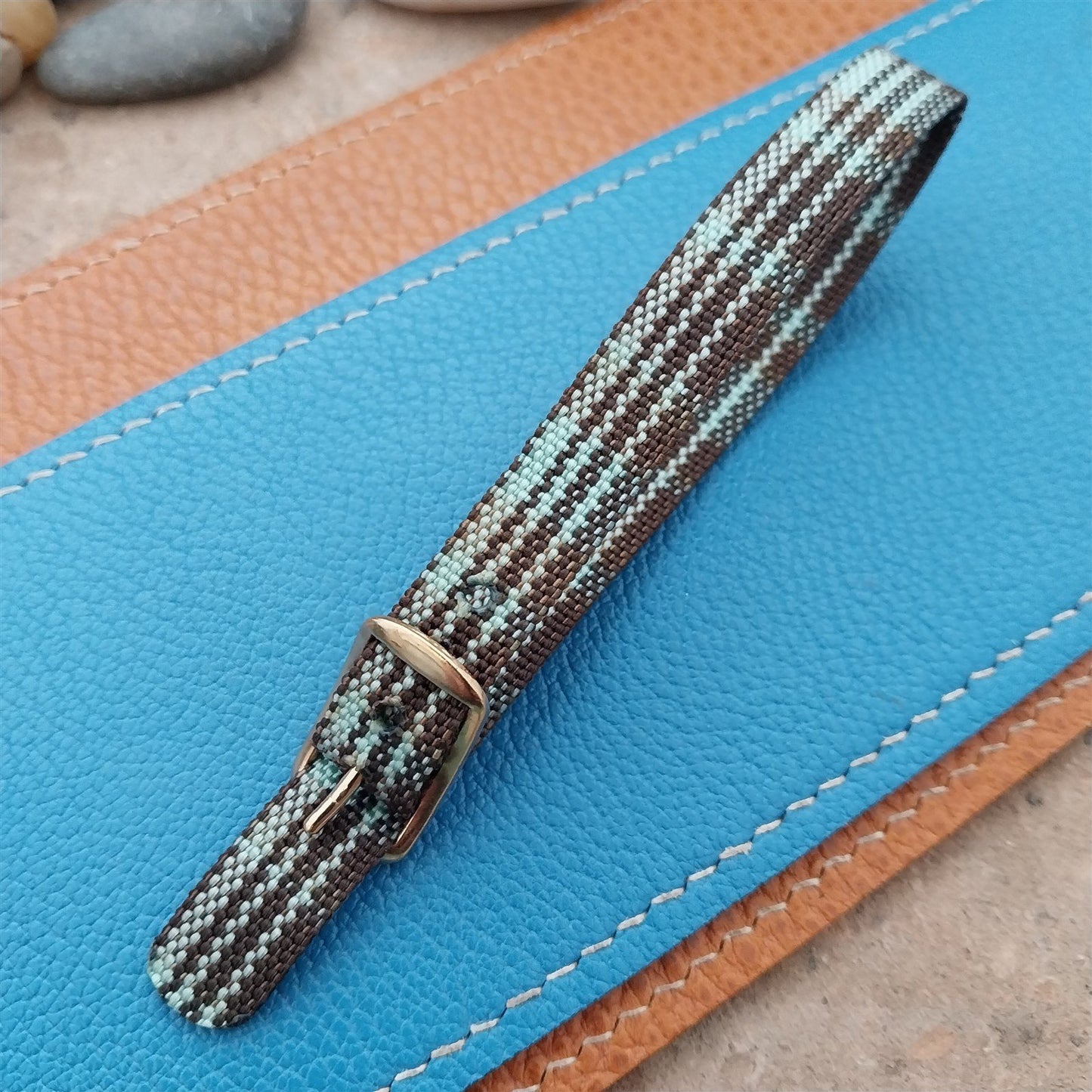 Vintage 10mm Ladies Madras Plaid Green & Brown 1960s Single Pass Watch Band