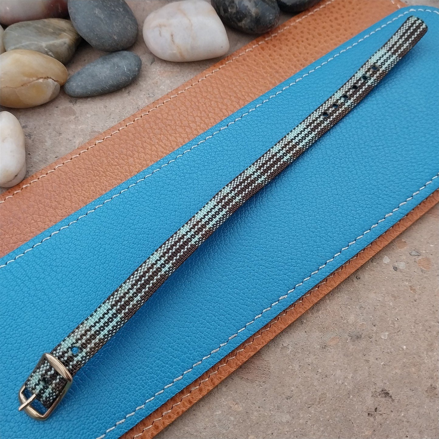 Vintage 10mm Ladies Madras Plaid Green & Brown 1960s Single Pass Watch Band