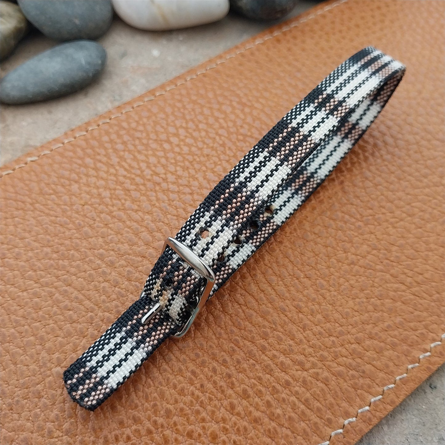 Vintage 10mm Ladies Madras Plaid Pink Black White 1960s Single Pass Watch Band