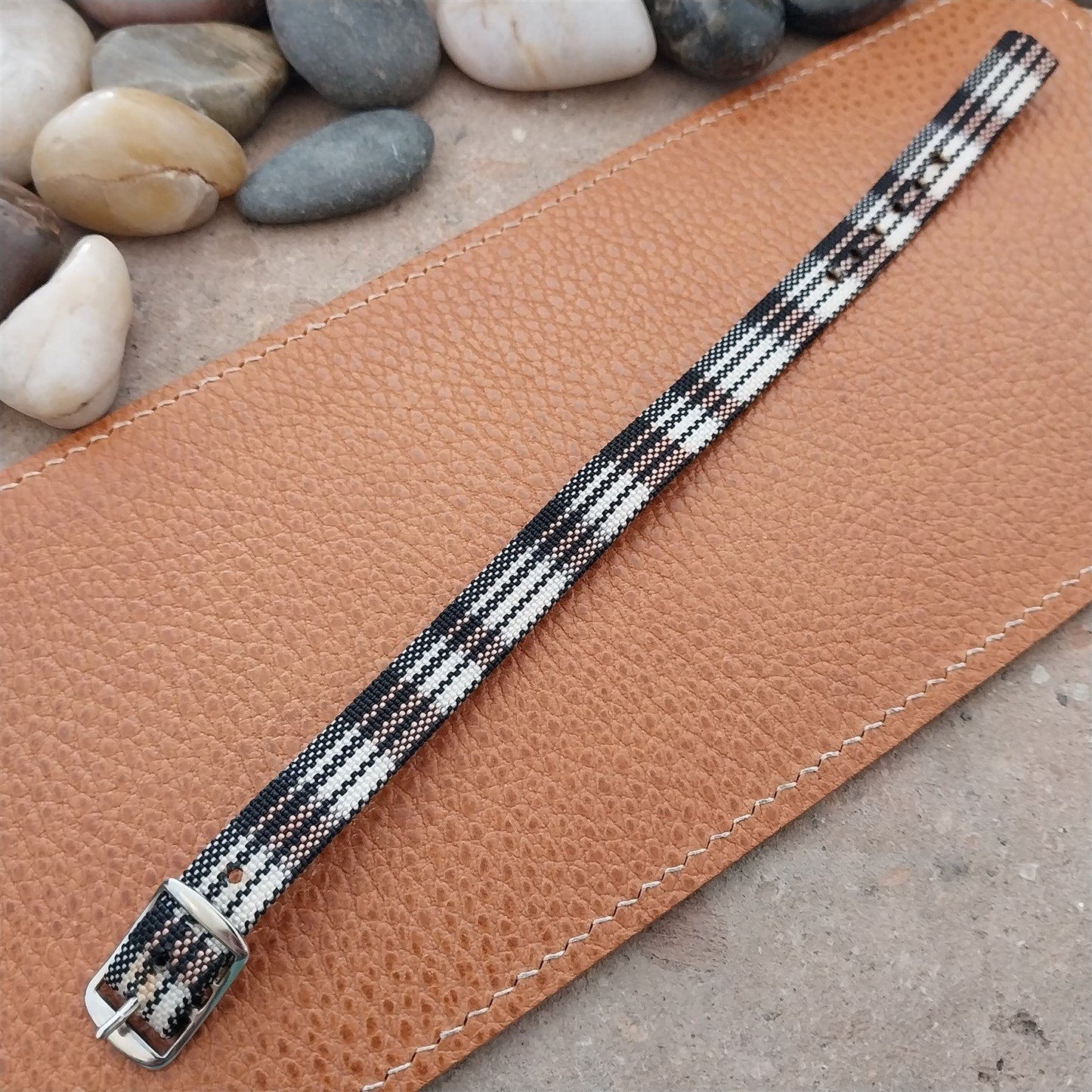 Vintage 10mm Ladies Madras Plaid Pink Black White 1960s Single Pass Watch Band