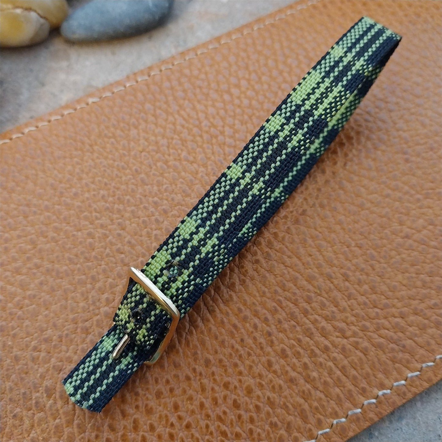 Vintage 10mm Ladies Madras Plaid Green & Black 1960s Single Pass Watch Band
