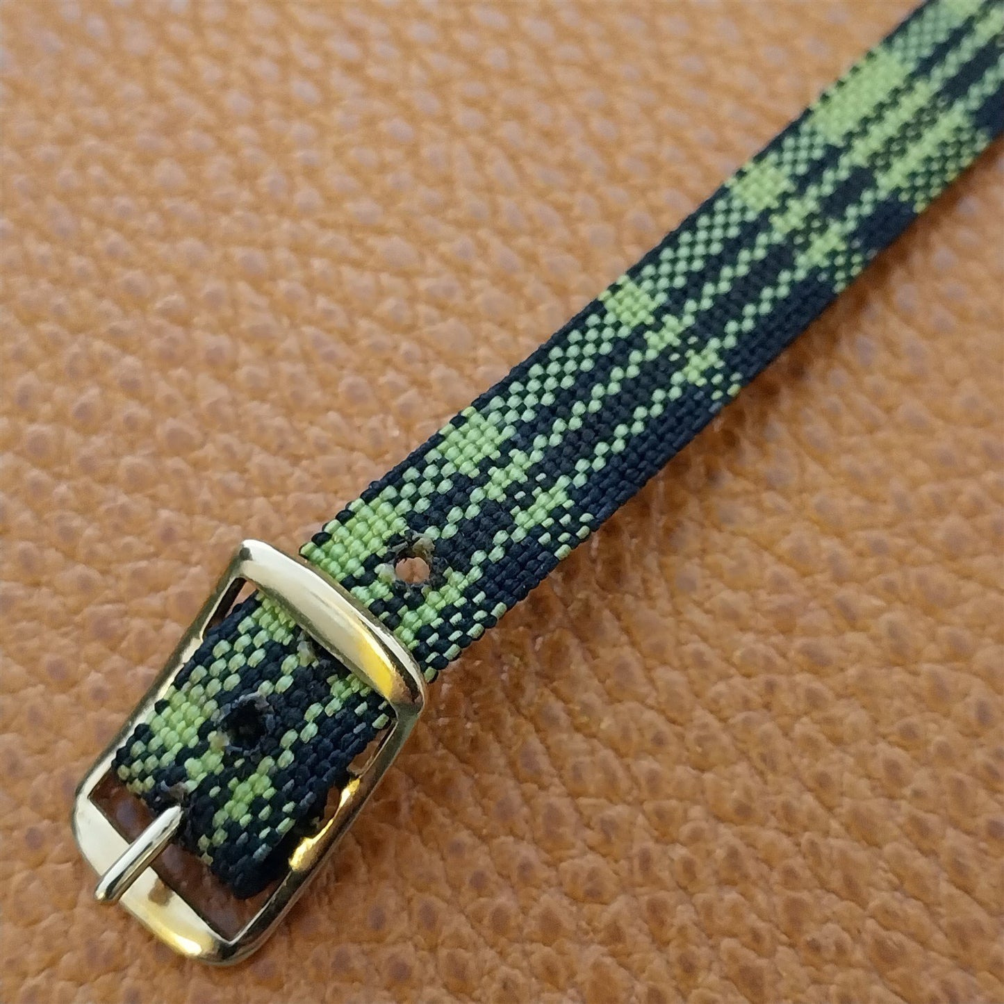 Vintage 10mm Ladies Madras Plaid Green & Black 1960s Single Pass Watch Band