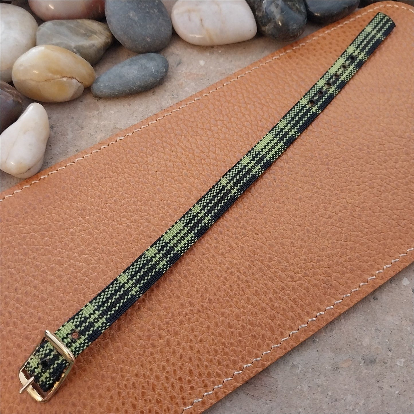 Vintage 10mm Ladies Madras Plaid Green & Black 1960s Single Pass Watch Band